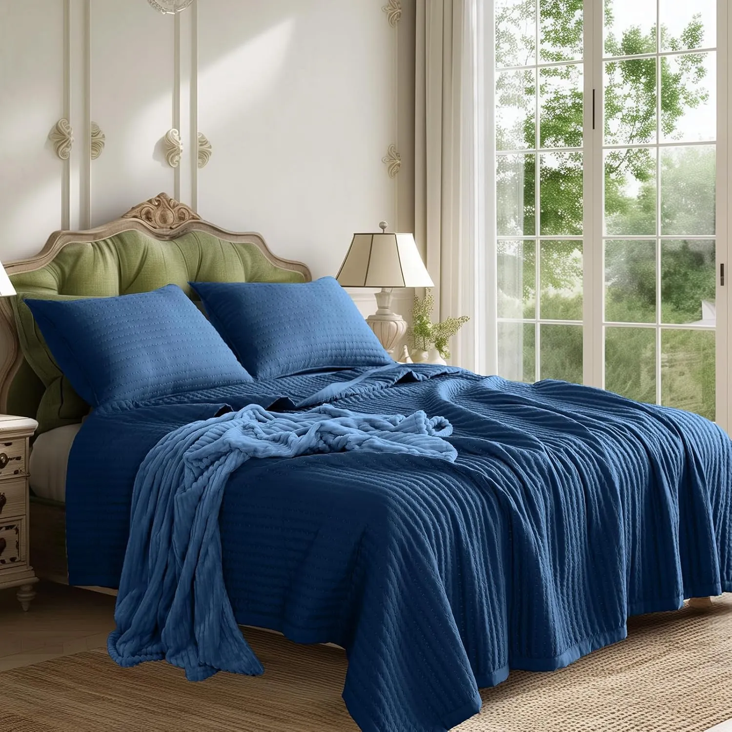 KASENTEX Dark Blue Twin Size Quilt Bedding Set with Pillow-Shams, Lightweight Soft Bedspread, Durable Quilted Blanket Thin Comforter Bed Cover, All Season Summer Spring, 3 Pieces, 68x80 inches