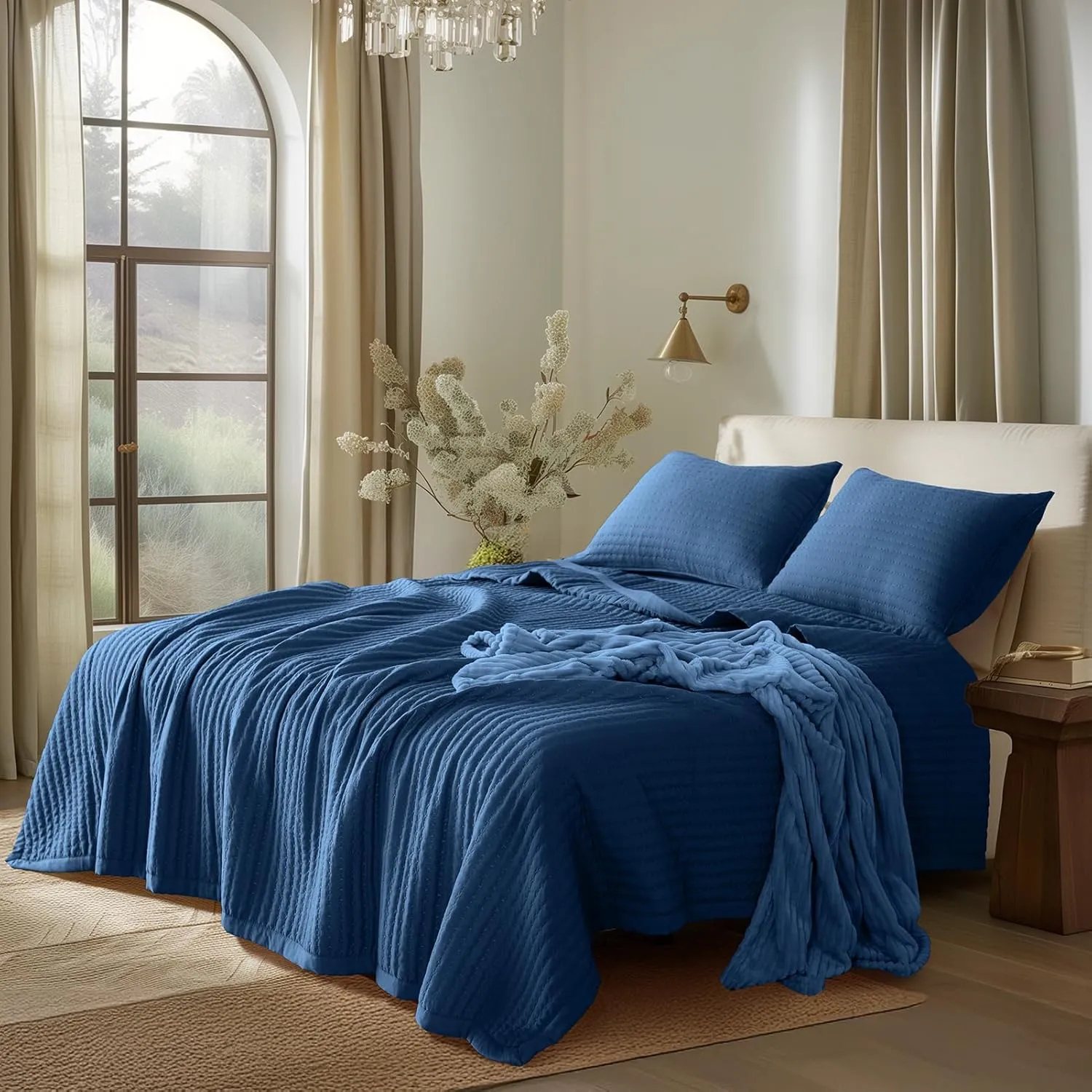 KASENTEX Dark Blue Twin Size Quilt Bedding Set with Pillow-Shams, Lightweight Soft Bedspread, Durable Quilted Blanket Thin Comforter Bed Cover, All Season Summer Spring, 3 Pieces, 68x80 inches