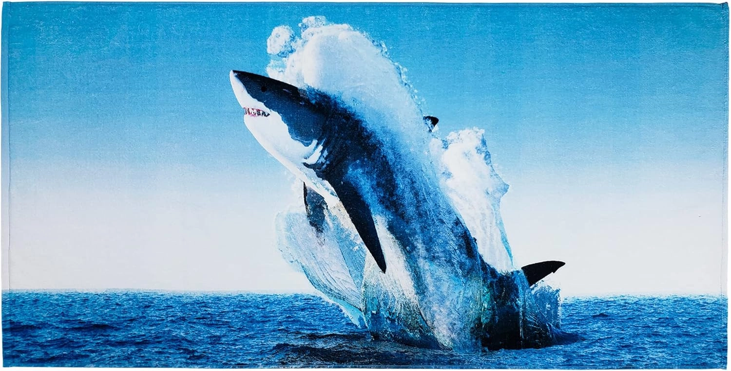 Kaufman - Printed Beach Towels, 100% Absorbent Cotton,Velour, Large Size 30'' x 60'', Set of Two Towels, 2-PK (Jumping Shark)