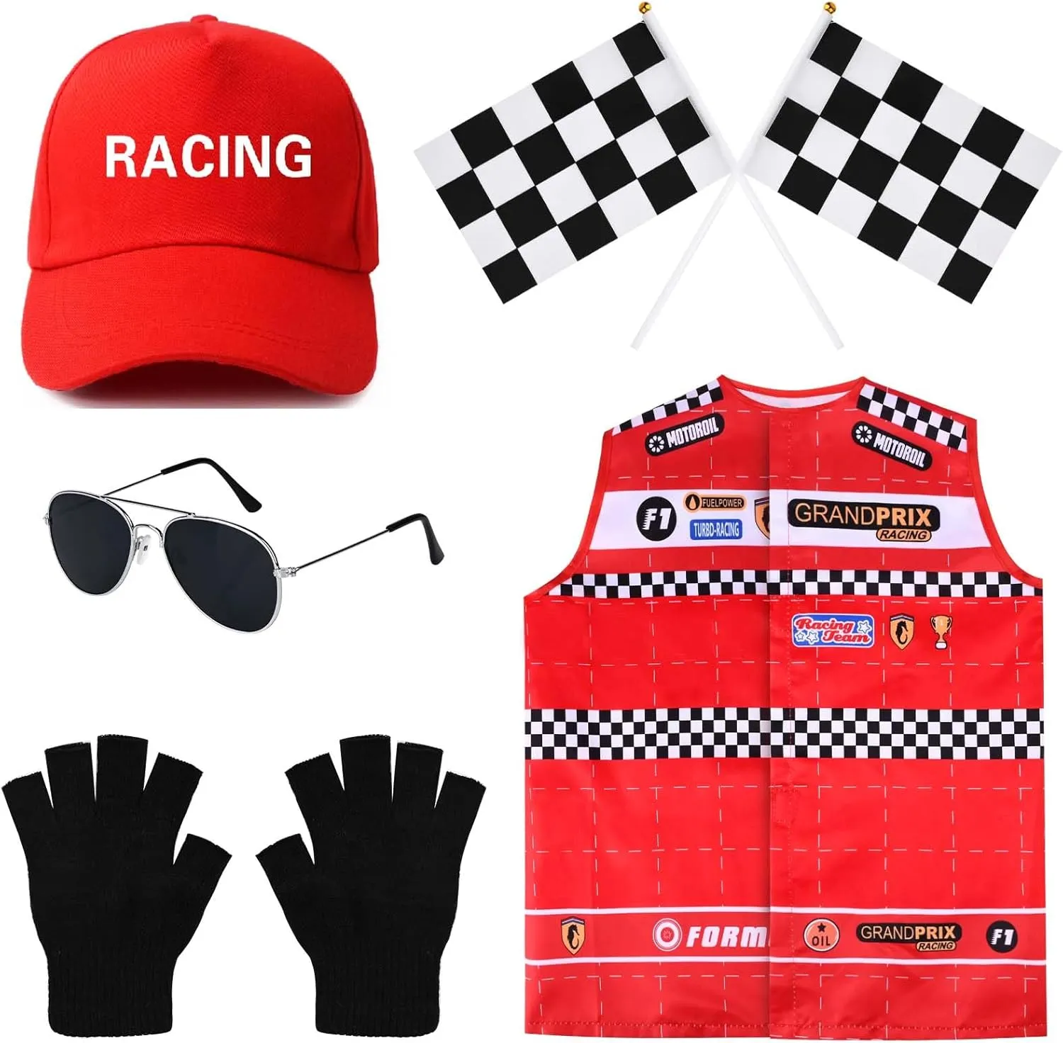 Kavoc Race Car Driver Costume Accessories Set Including Red Cap Black Glasses Gloves Racing Vest for Fancy Dress Up Supplies