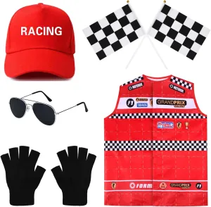 Kavoc Race Car Driver Costume Accessories Set Including Red Cap Black Glasses Gloves Racing Vest for Fancy Dress Up Supplies