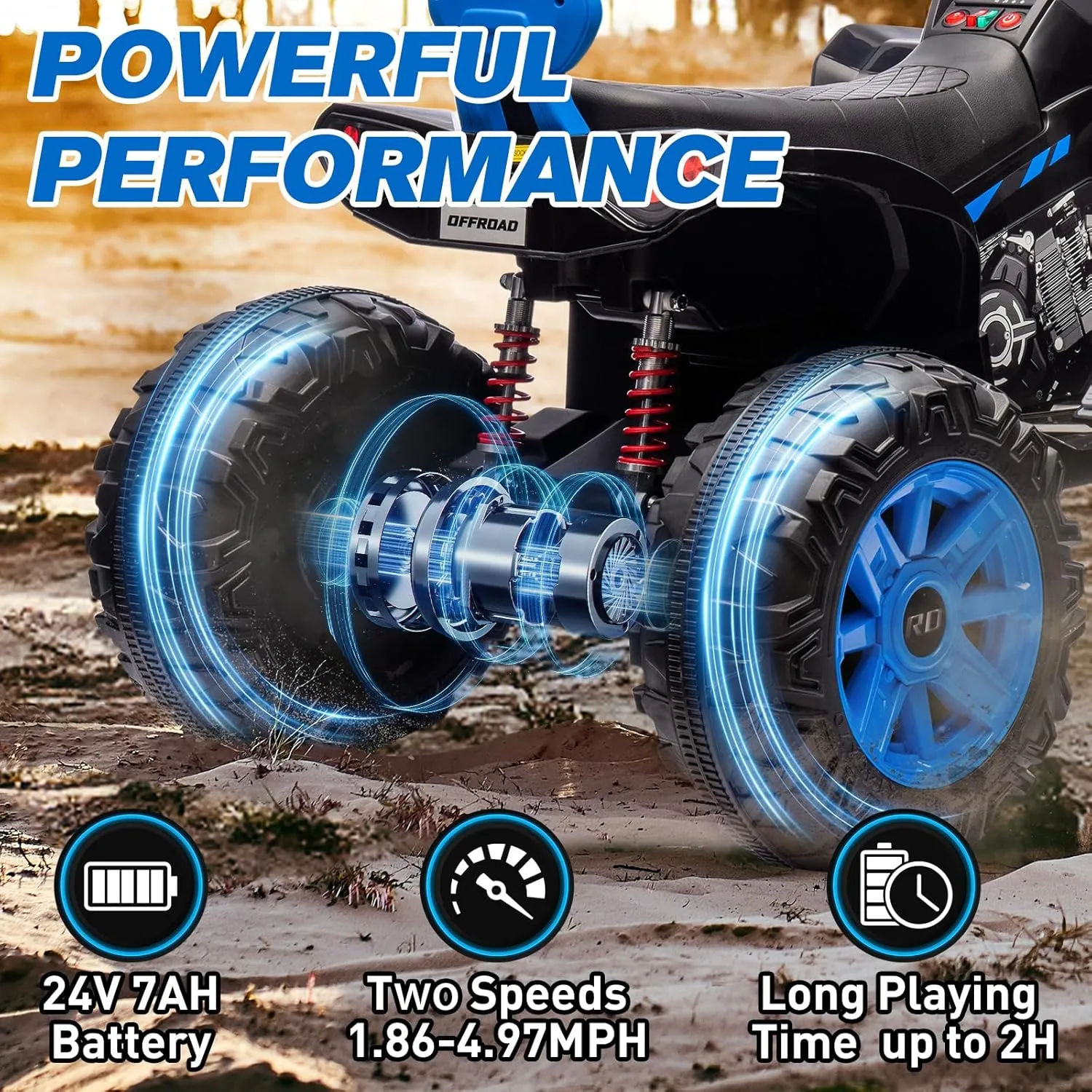 Kids ATV 4 Wheeler Ride on Eletric Motorcycle, 24V Battery Powered, KidsElectric Toy Car, with High&Low Speed, Music, Led Lights, Ride On Car for 3-8 Kids,Blue