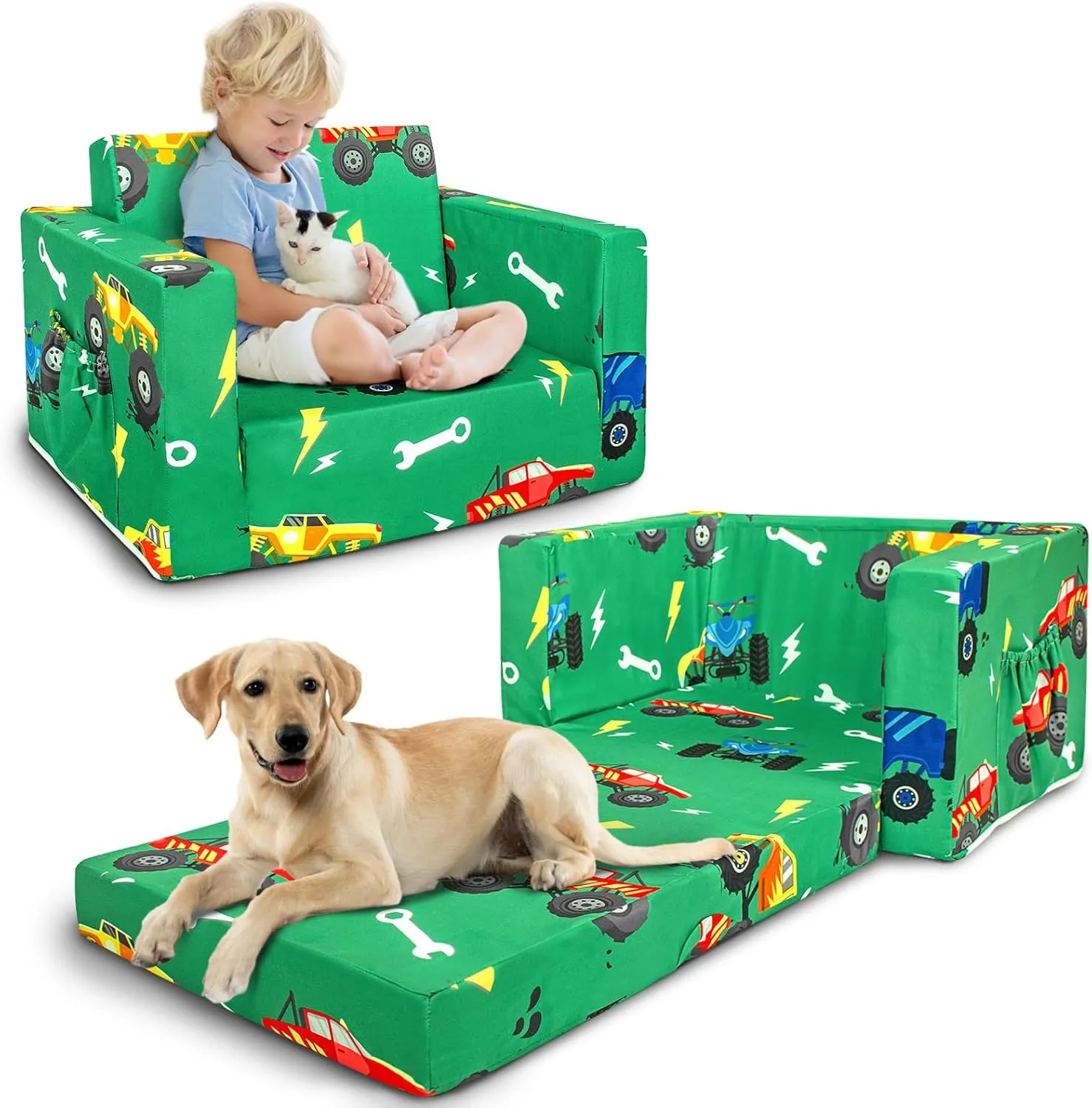 Kids Couch, 2-in-1 Kids Fold Out Sofa, Convertible Toddler Couch to Lounger for Girls and Boys, Soft Toddler Chairs Comfy 1-3 Years Old (Green Monster Truck)