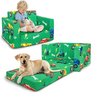 Kids Couch, 2-in-1 Kids Fold Out Sofa, Convertible Toddler Couch to Lounger for Girls and Boys, Soft Toddler Chairs Comfy 1-3 Years Old (Green Monster Truck)