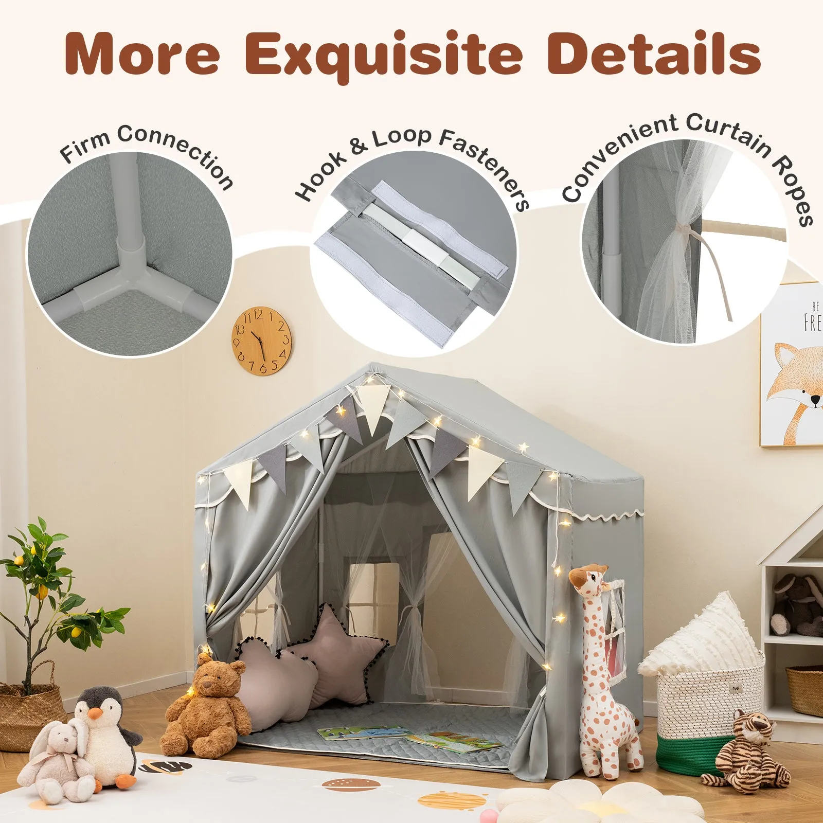 Kids Play Tent, 3-4 Kids Large Play Tent House w/2 Opening Doors, Star Lights & Plaid Pennants