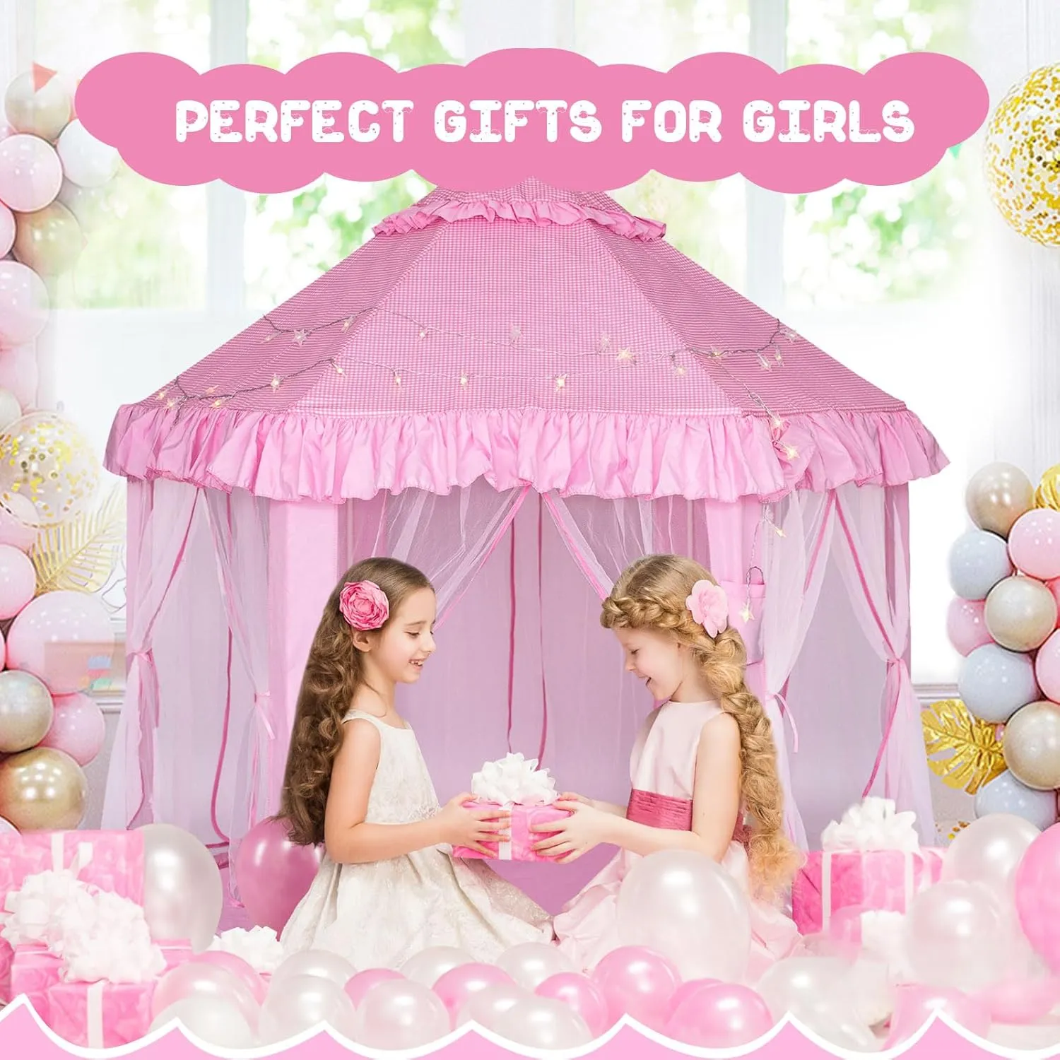 Kids Play Tent for Girls - Large Princess Castle Play Tent, Indoor & Outdoor Pop up Playhouse with Star Lights Kids Toddlers Toys Gifts for 3 4 5 6 7 8 9 Year Old Girls Boys (Hexagon Pink 140x135cm)