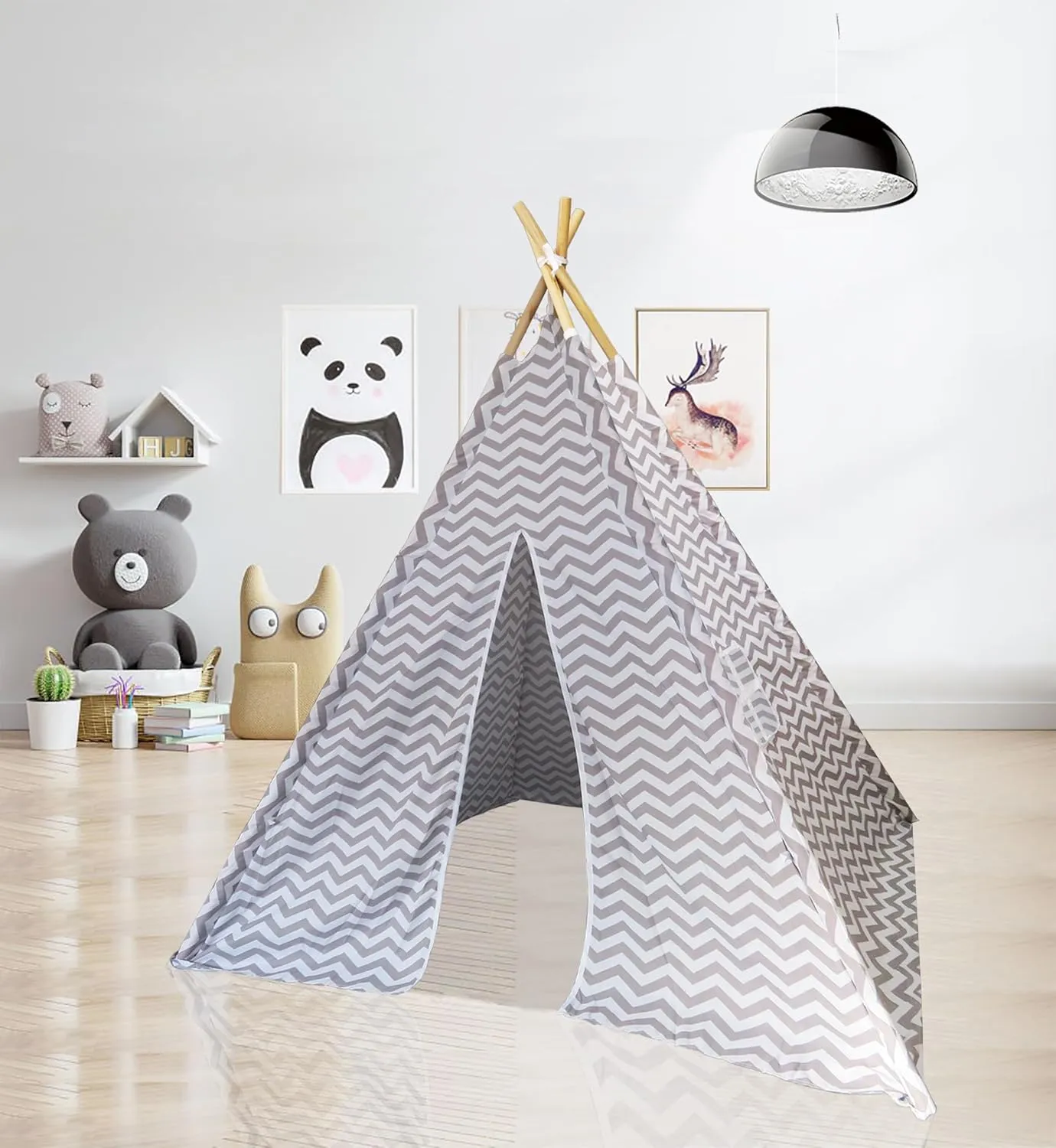 Kids Teepee Tent for Boys and Girls, 5.2 ft Natural Cotton Canvas, Grey Striature Tipi Tent Playhouse - Children Collapsible Play Tent with Canvas Carry Case for Indoor & Garden