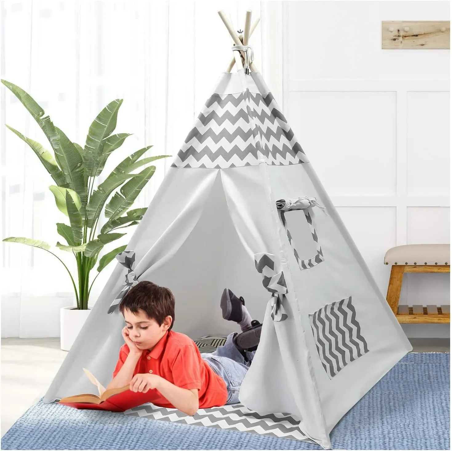 Kids Teepee Tent for Boys Childrens Teepee Play Tent with Carry Case & Floor Mat, Portable Toddler Tipi Tent for Baby Indoor Outdoor Playhouse Grey Chevron Teepee