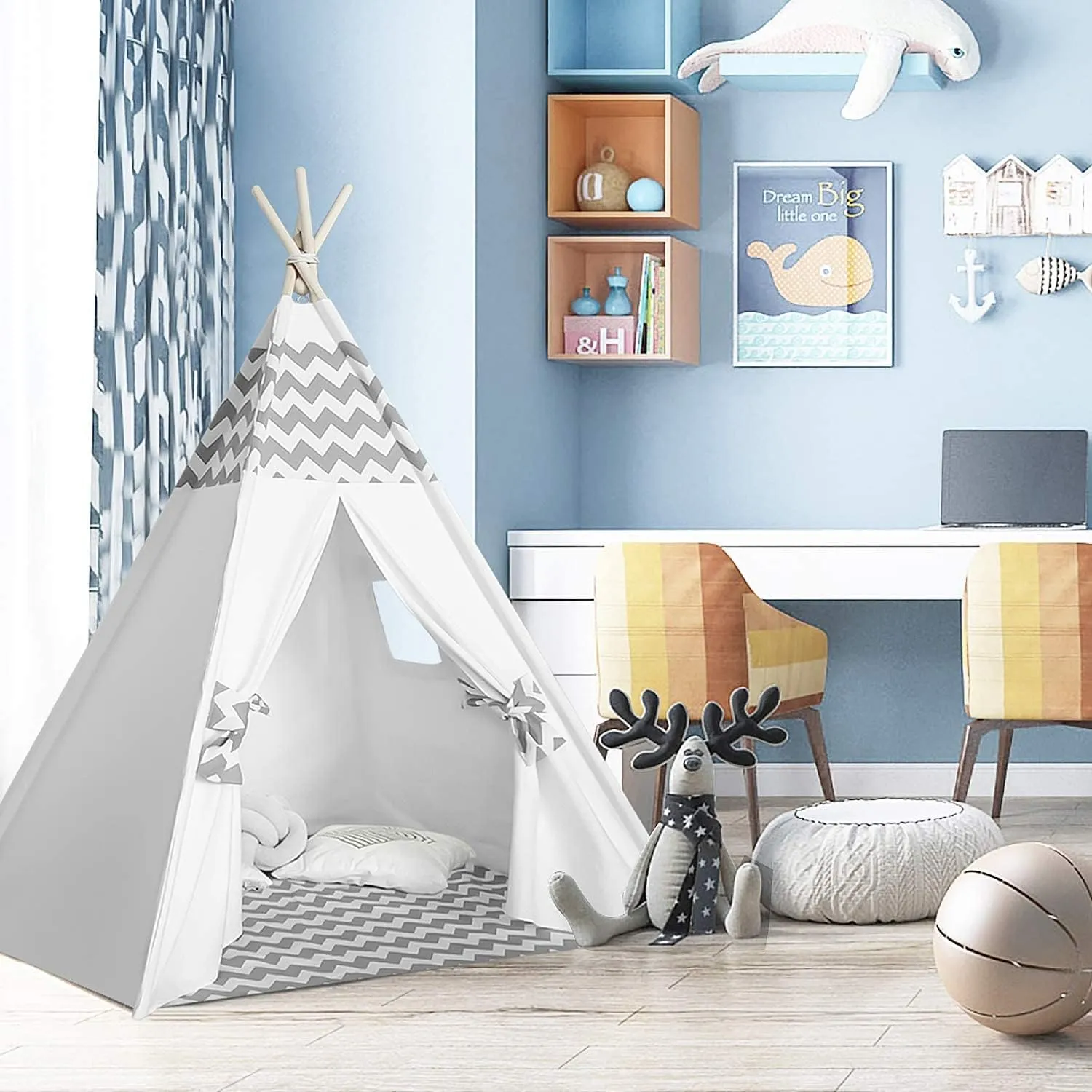 Kids Teepee Tent for Boys Childrens Teepee Play Tent with Carry Case & Floor Mat, Portable Toddler Tipi Tent for Baby Indoor Outdoor Playhouse Grey Chevron Teepee
