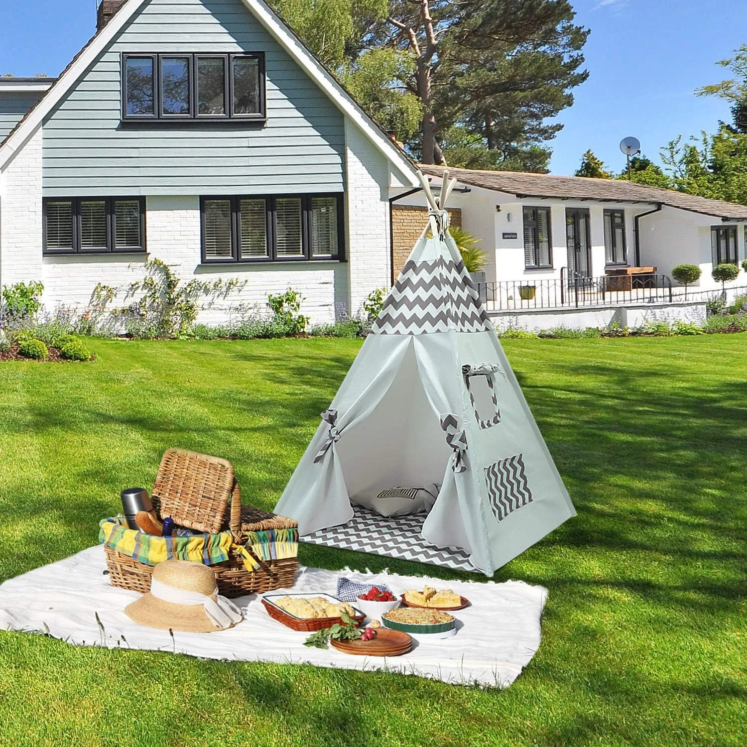 Kids Teepee Tent for Boys Childrens Teepee Play Tent with Carry Case & Floor Mat, Portable Toddler Tipi Tent for Baby Indoor Outdoor Playhouse Grey Chevron Teepee