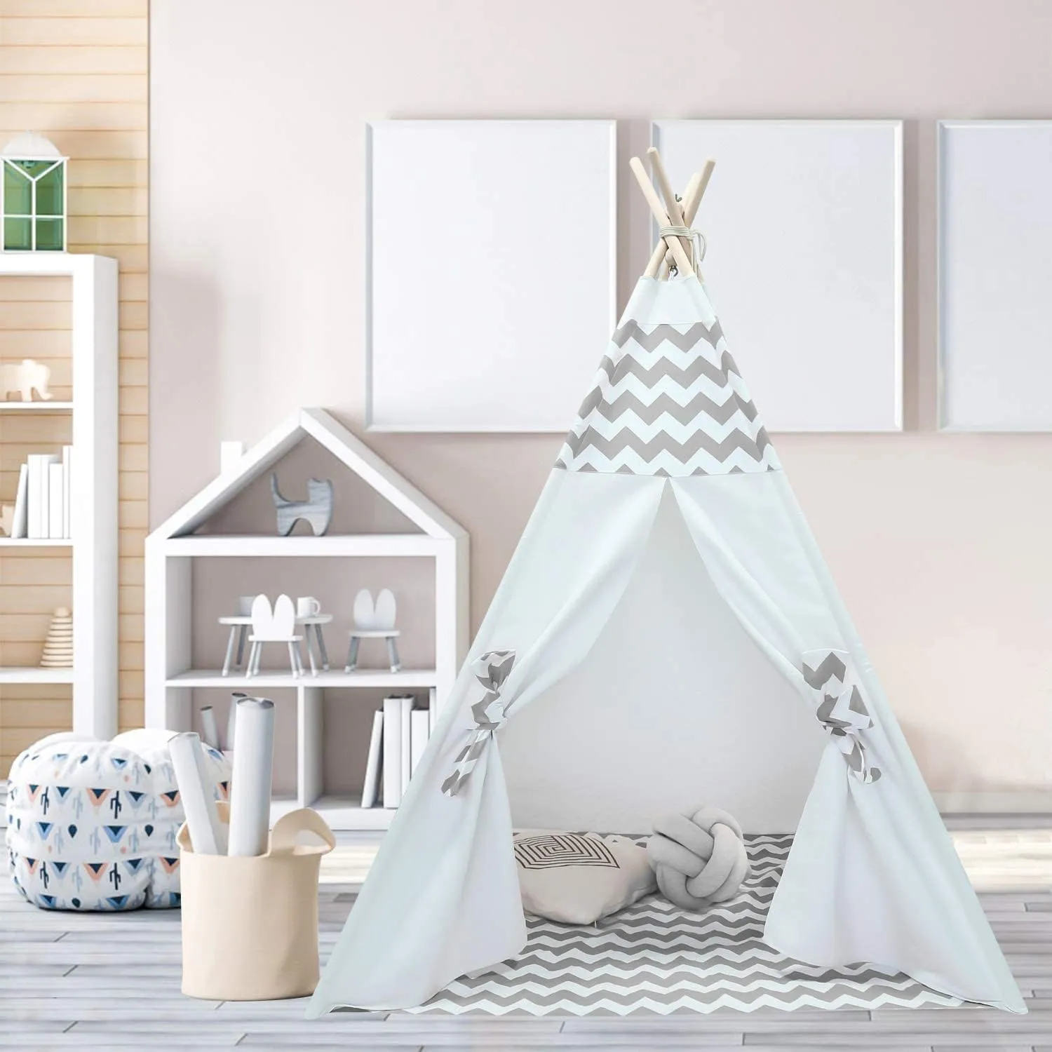 Kids Teepee Tent for Boys Childrens Teepee Play Tent with Carry Case & Floor Mat, Portable Toddler Tipi Tent for Baby Indoor Outdoor Playhouse Grey Chevron Teepee