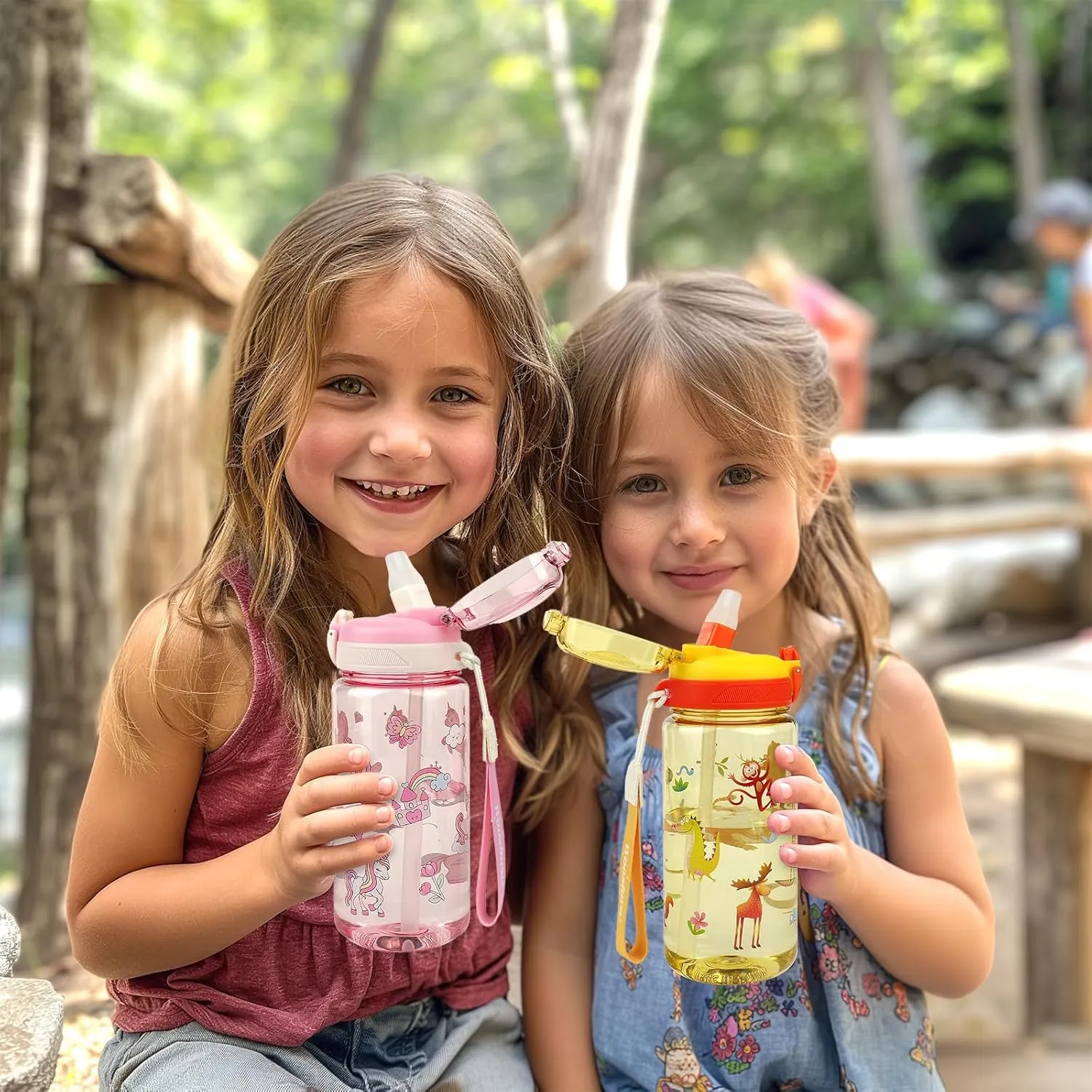 Kids Water Bottle for School or Travel, 20 Oz 2 Pack Durable Plastic Water Bottle with Silicone Straw and Pop-Up Spout Cover, BPA Free & Dishwasher Safe(Forest Animals & Unicorn)