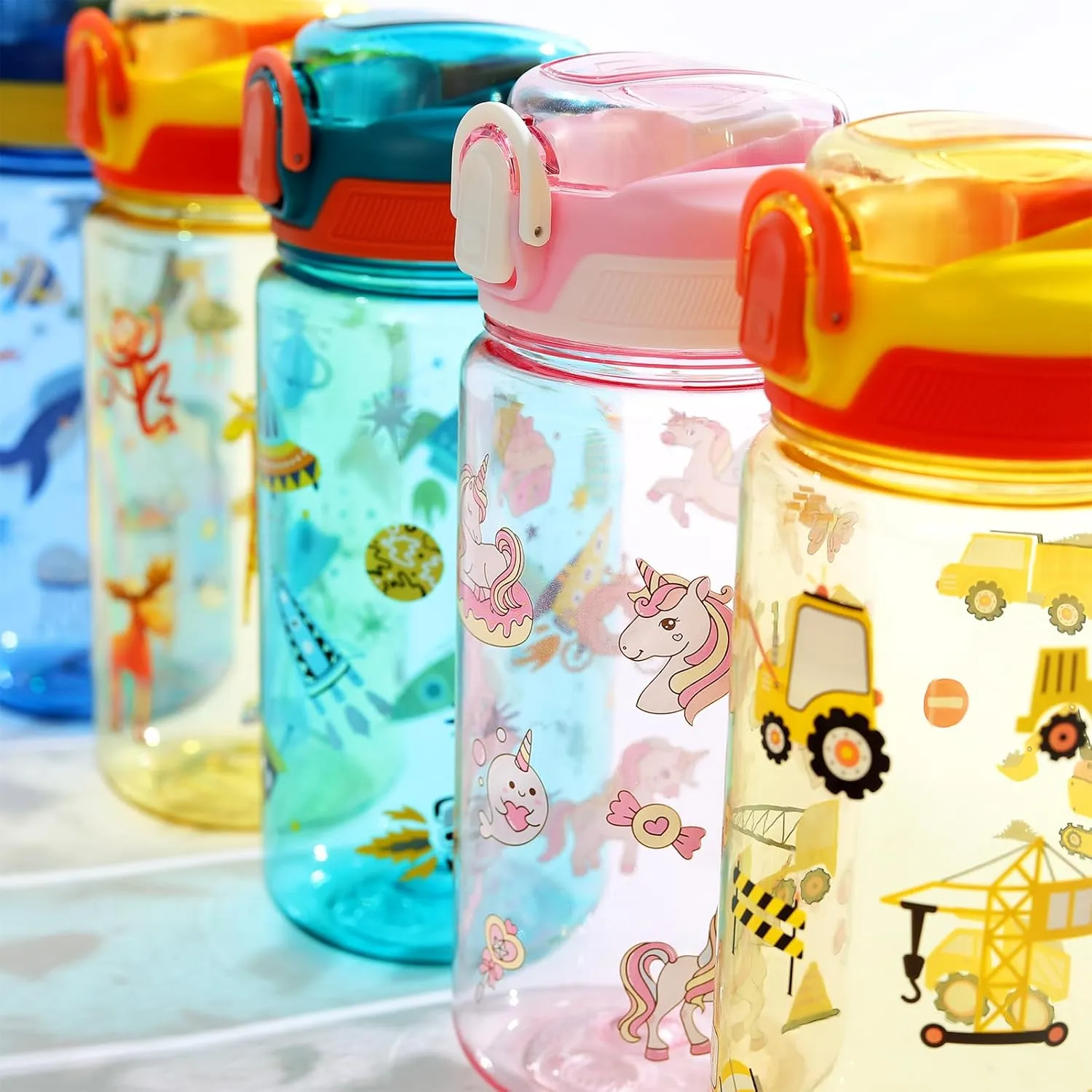 Kids Water Bottle for School or Travel, 20 Oz 2 Pack Durable Plastic Water Bottle with Silicone Straw and Pop-Up Spout Cover, BPA Free & Dishwasher Safe(Forest Animals & Unicorn)