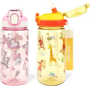 Kids Water Bottle for School or Travel, 20 Oz 2 Pack Durable Plastic Water Bottle with Silicone Straw and Pop-Up Spout Cover, BPA Free & Dishwasher Safe(Forest Animals & Unicorn)
