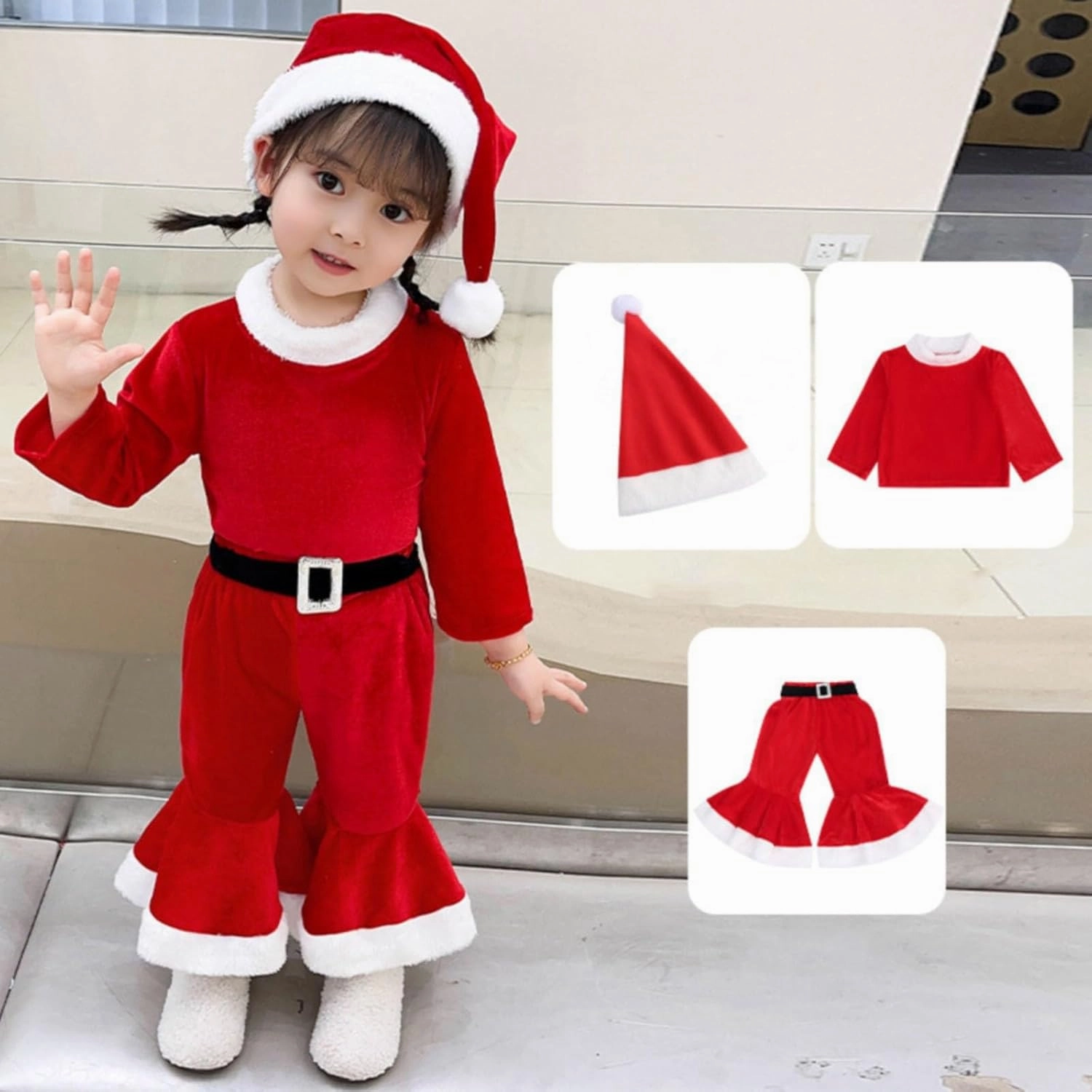 Kids Baby Girls Boys Christmas Outfits Toddler Santa Costumes Velvet Long Sleeve Tops Bell Bottom Pants Hat Xmas Clothes
