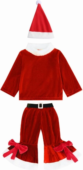 Kids Baby Girls Boys Christmas Outfits Toddler Santa Costumes Velvet Long Sleeve Tops Bell Bottom Pants Hat Xmas Clothes