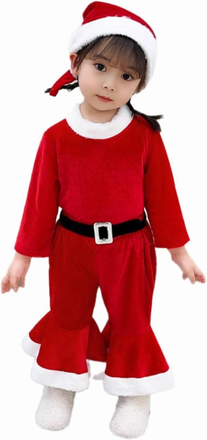 Kids Baby Girls Boys Christmas Outfits Toddler Santa Costumes Velvet Long Sleeve Tops Bell Bottom Pants Hat Xmas Clothes