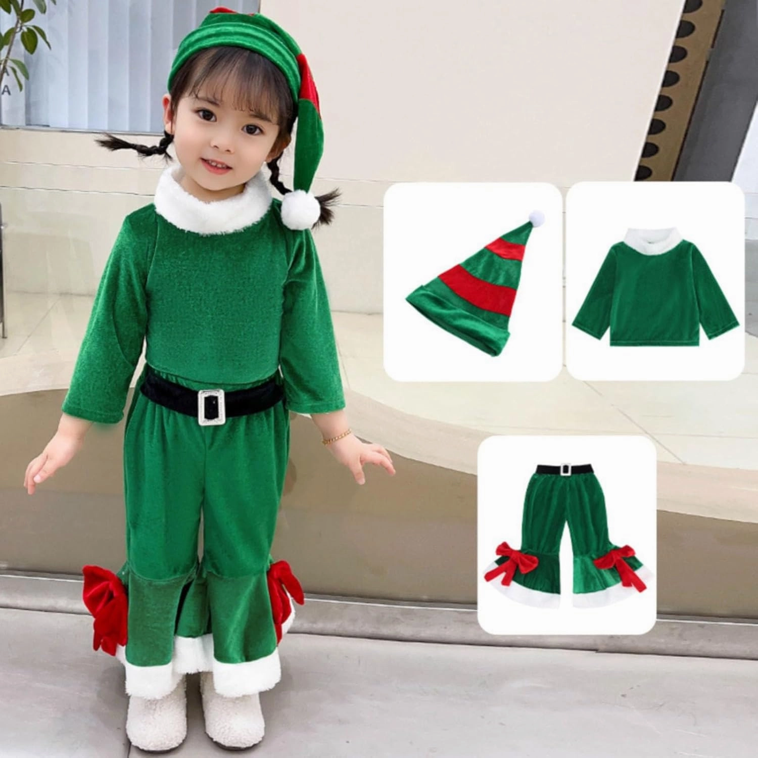 Kids Girls Boys Christmas Outfits Baby Santa Costumes Velvet Long Sleeve Tops Bell Bottom Pants Hat Toddler Xmas Clothes