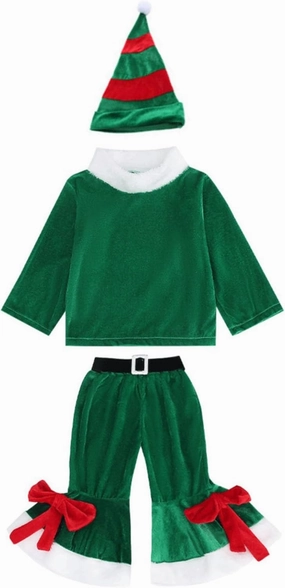 Kids Girls Boys Christmas Outfits Baby Santa Costumes Velvet Long Sleeve Tops Bell Bottom Pants Hat Toddler Xmas Clothes