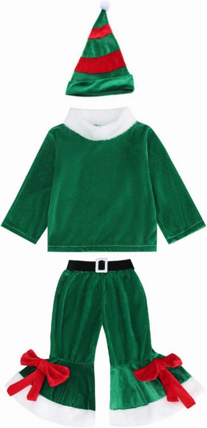 Kids Girls Boys Christmas Outfits Baby Santa Costumes Velvet Long Sleeve Tops Bell Bottom Pants Hat Toddler Xmas Clothes