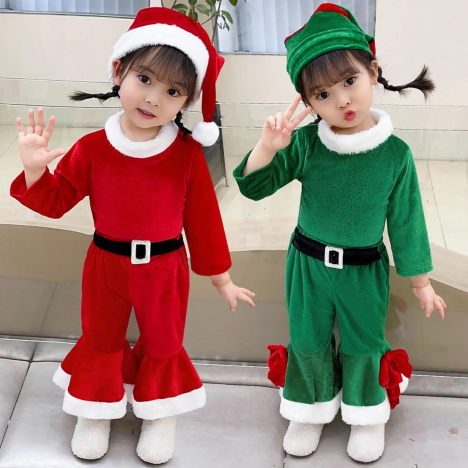 Kids Girls Boys Christmas Outfits Baby Santa Costumes Velvet Long Sleeve Tops Bell Bottom Pants Hat Toddler Xmas Clothes