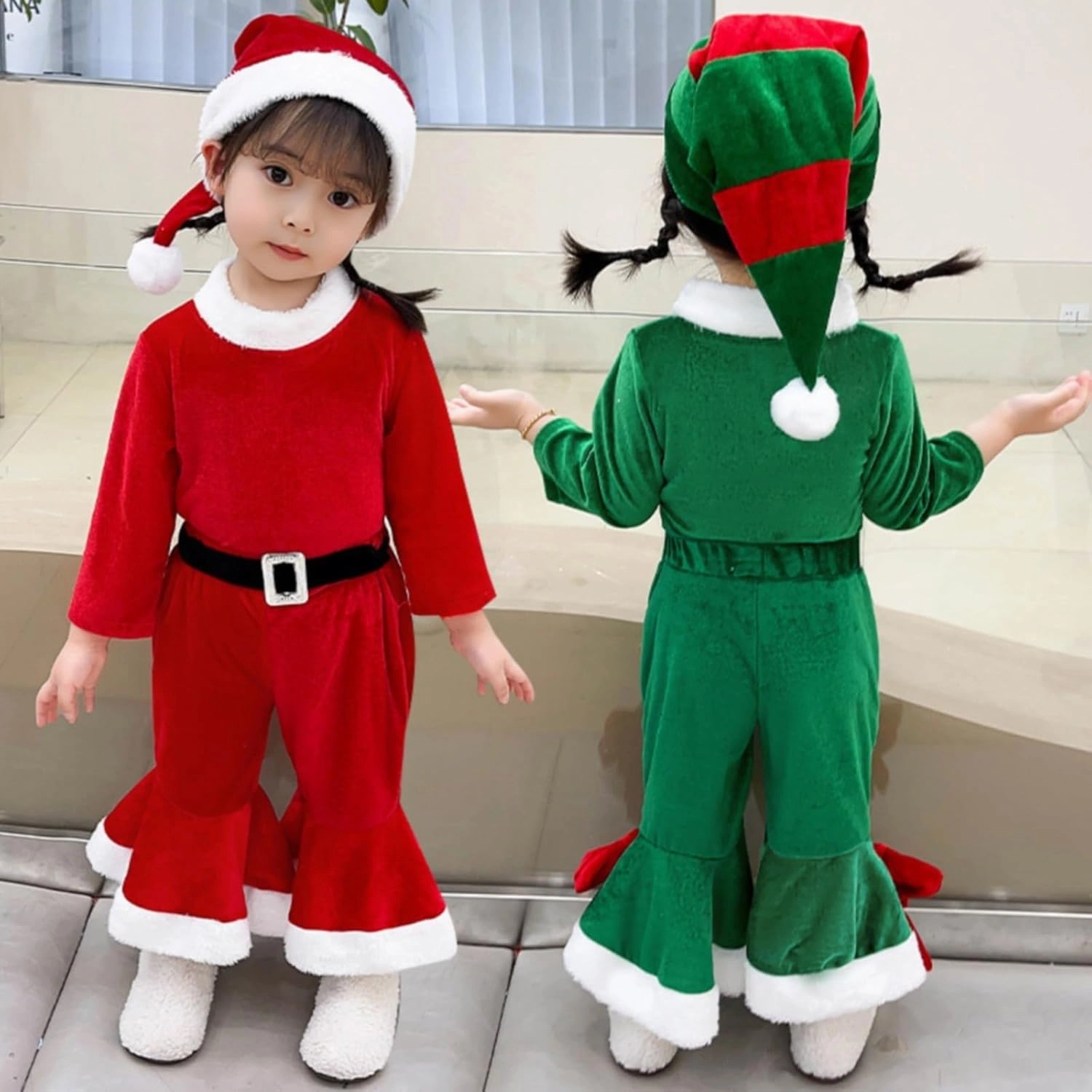 Kids Girls Boys Christmas Outfits Baby Santa Costumes Velvet Long Sleeve Tops Bell Bottom Pants Hat Toddler Xmas Clothes