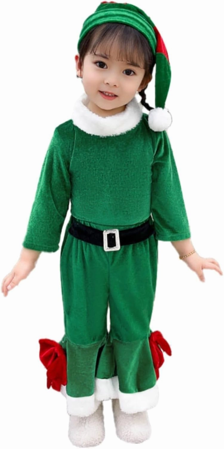 Kids Girls Boys Christmas Outfits Baby Santa Costumes Velvet Long Sleeve Tops Bell Bottom Pants Hat Toddler Xmas Clothes