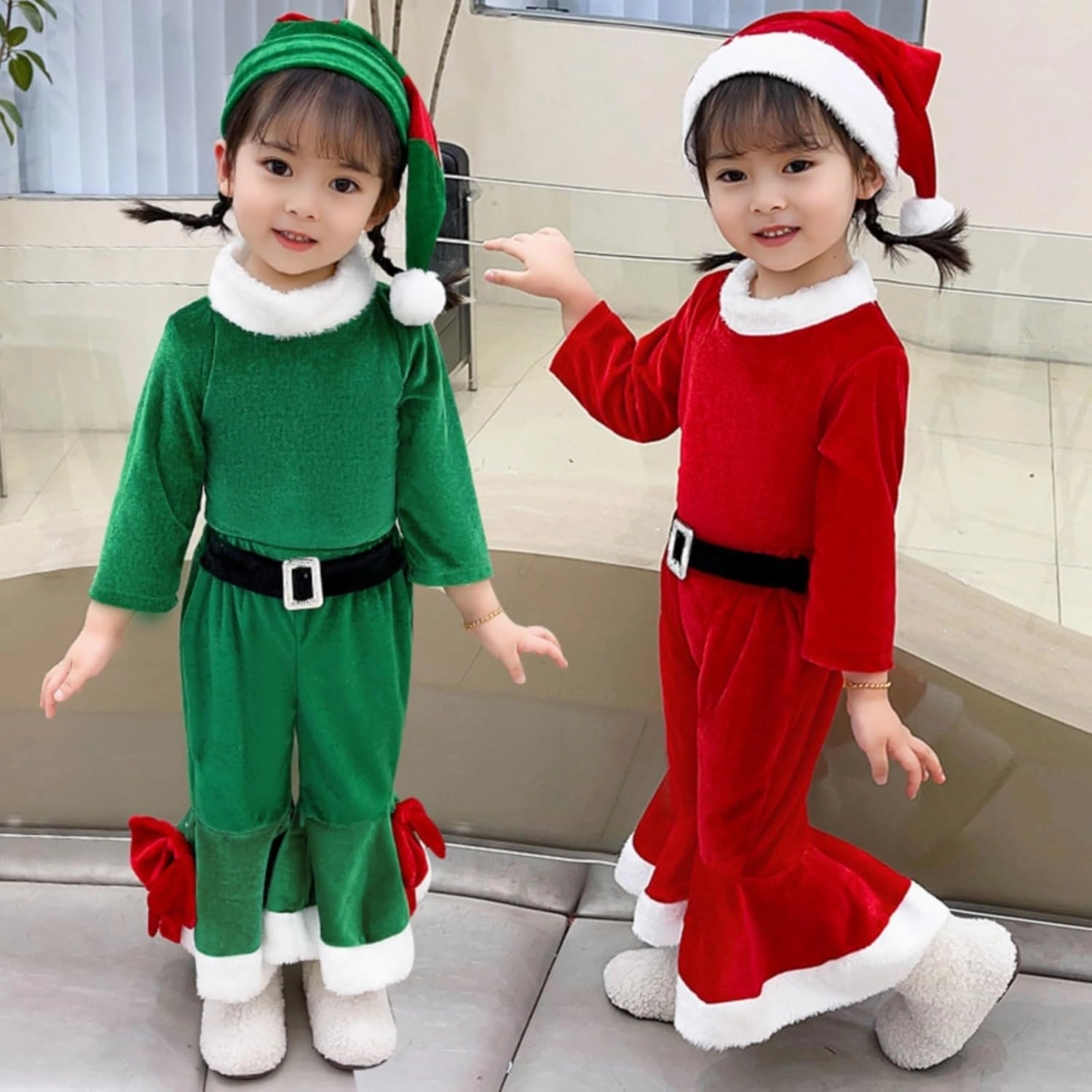Kids Girls Boys Christmas Outfits Baby Santa Costumes Velvet Long Sleeve Tops Bell Bottom Pants Hat Toddler Xmas Clothes