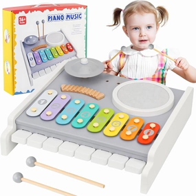 Kids Musical Instruments Piano Drum Set - 5 in 1 Montessori Toys for Toddler Baby, Wooden Music Kit with Piano Keyboard Xylophone, Preschool Educational Sensory Toys, Gifts for Boys Girls 1-8