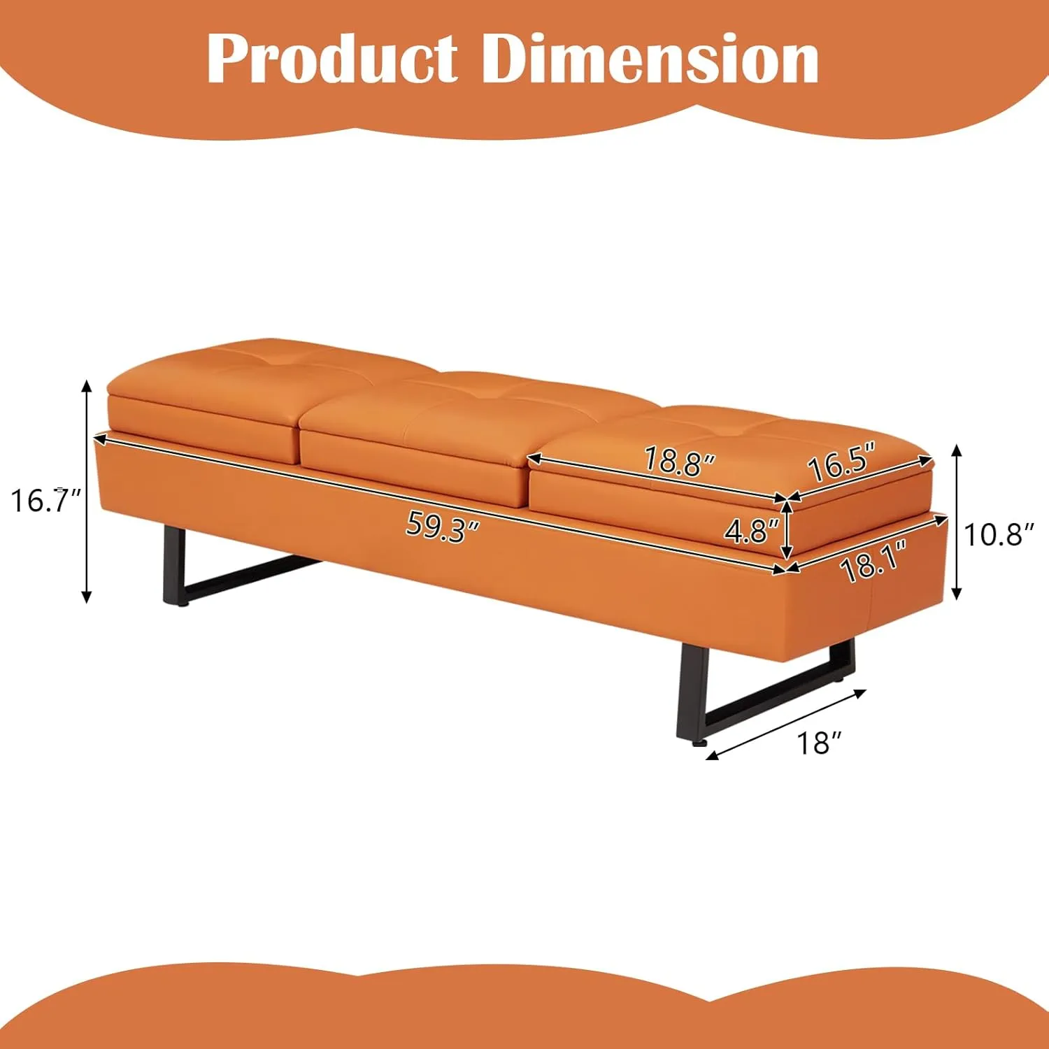 Kinfant Orange Bedroom Bench - 59.3” Modern End of Bed Bench for Bedroom with PU Leather, Cushioned Bench for Entryway, Living Room, Hallway