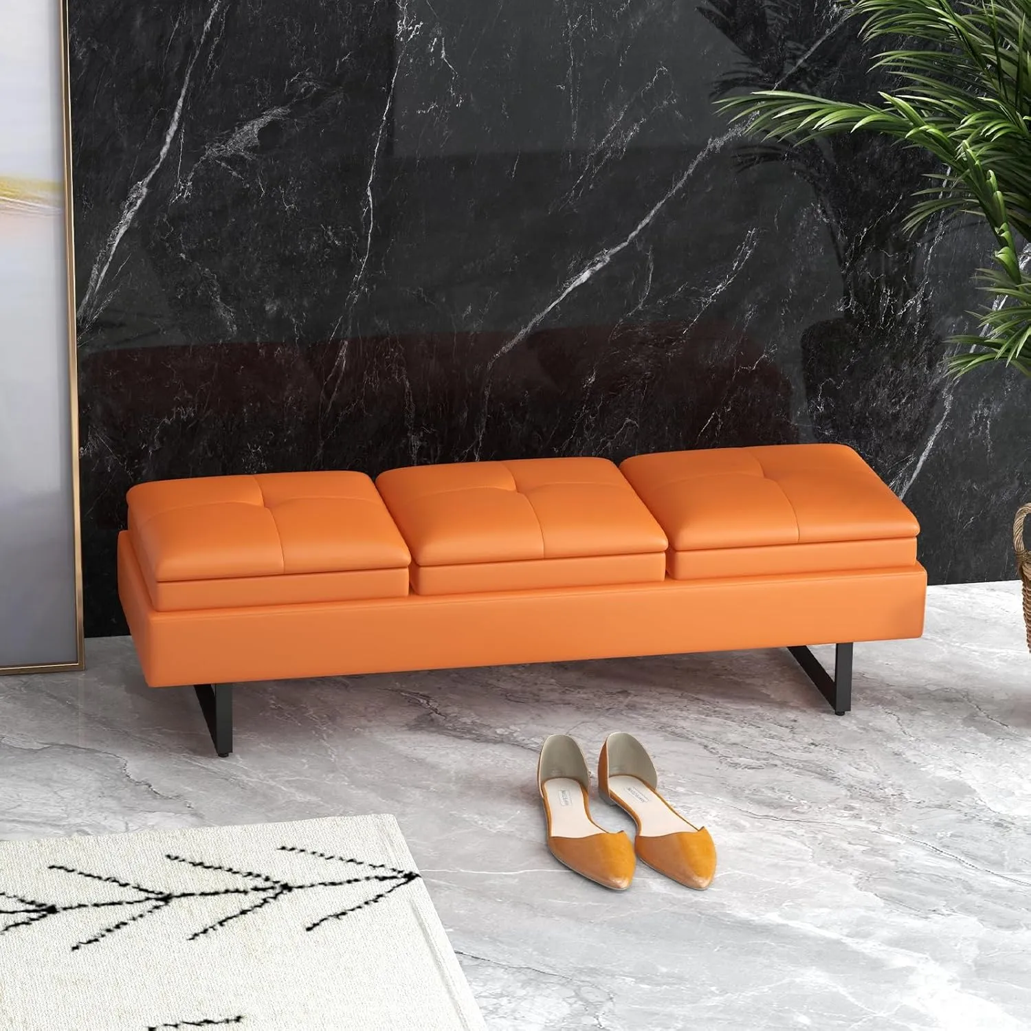 Kinfant Orange Bedroom Bench - 59.3” Modern End of Bed Bench for Bedroom with PU Leather, Cushioned Bench for Entryway, Living Room, Hallway