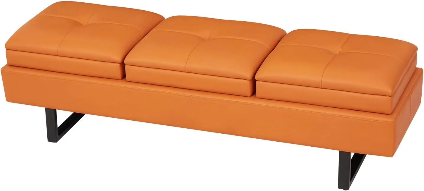 Kinfant Orange Bedroom Bench - 59.3” Modern End of Bed Bench for Bedroom with PU Leather, Cushioned Bench for Entryway, Living Room, Hallway