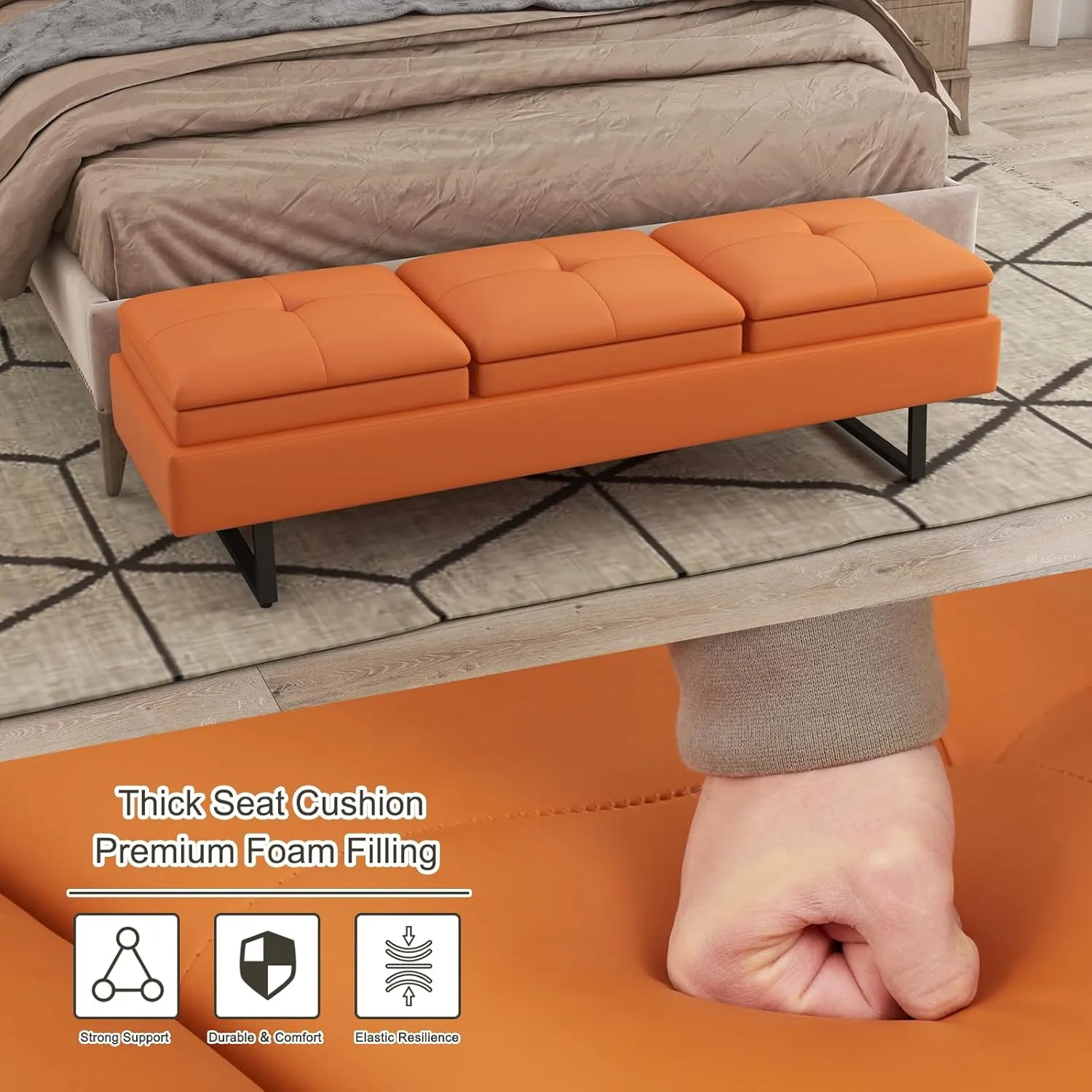 Kinfant Orange Bedroom Bench - 59.3” Modern End of Bed Bench for Bedroom with PU Leather, Cushioned Bench for Entryway, Living Room, Hallway