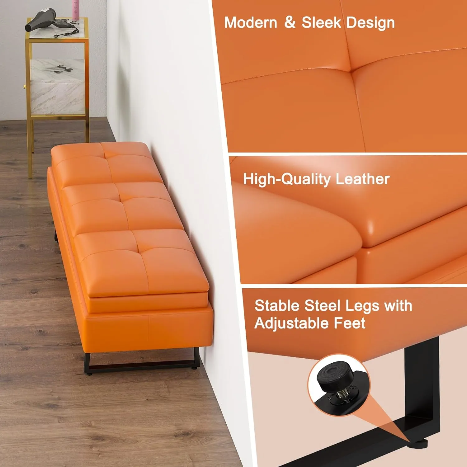 Kinfant Orange Bedroom Bench - 59.3” Modern End of Bed Bench for Bedroom with PU Leather, Cushioned Bench for Entryway, Living Room, Hallway