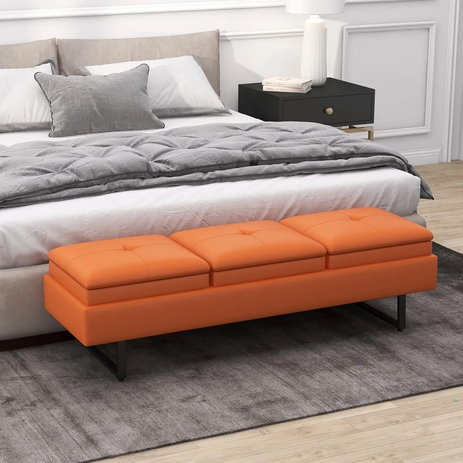 Kinfant Orange Bedroom Bench - 59.3” Modern End of Bed Bench for Bedroom with PU Leather, Cushioned Bench for Entryway, Living Room, Hallway