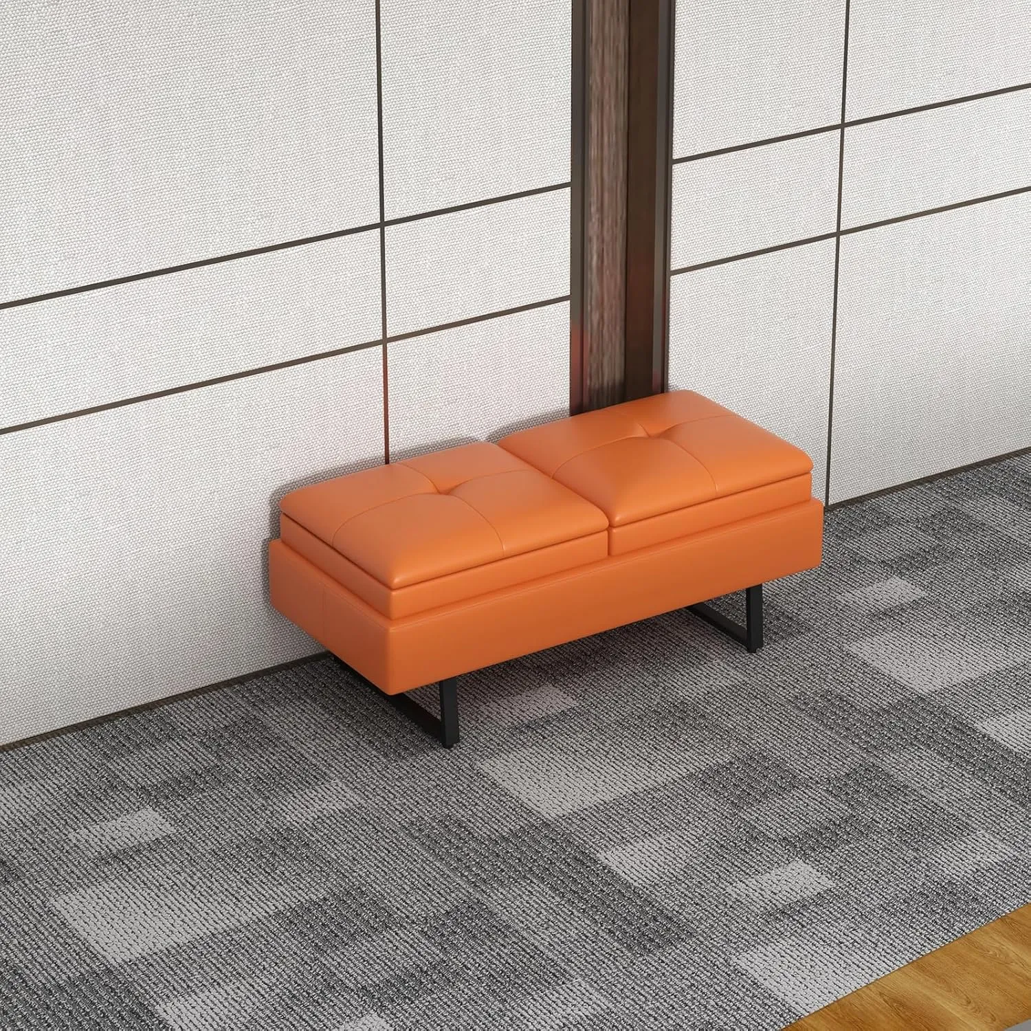 Kinfant Reception Chairs Office Guest Reception Bench, 2-Seats Upholstered Reception Bench with Thickened Cushion PU Leather Living Room Bench Lobby Furniture for Salon and Shop, Orange