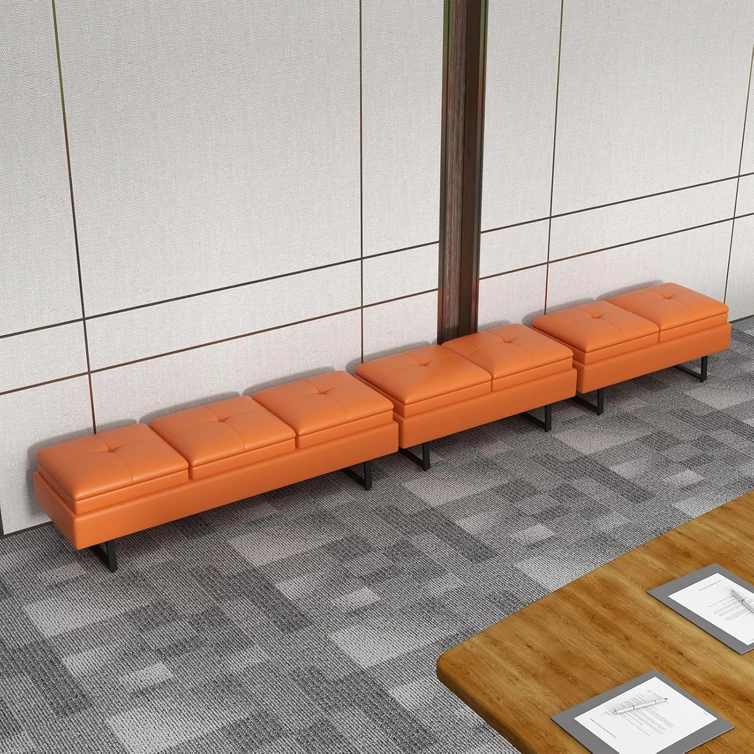 Kinfant Reception Chairs Office Guest Reception Bench, 7-Seats Upholstered Reception Bench with Thickened Cushion PU Leather Living Room Bench Lobby Furniture for Salon and Shop, Orange