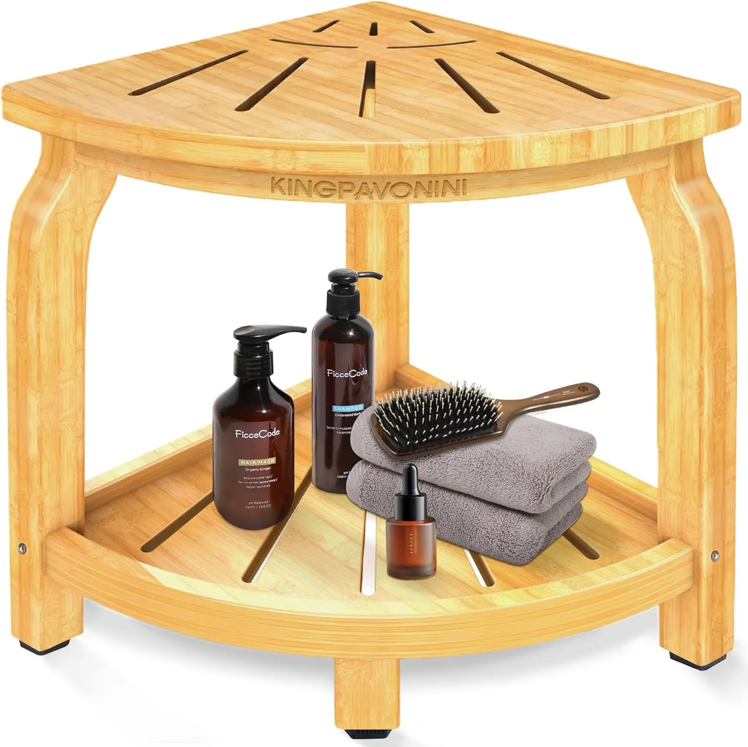 KingPavonini Bamboo Corner Shower Stool for Shaving Legs Foot Rest, Waterproof Bath Bench Seat with Storage Shelf for Bathroom Inside Shower, Hold Up to 450Lbs