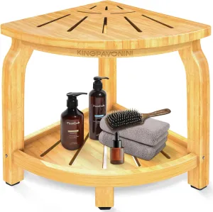 KingPavonini Bamboo Corner Shower Stool for Shaving Legs Foot Rest, Waterproof Bath Bench Seat with Storage Shelf for Bathroom Inside Shower, Hold Up to 450Lbs