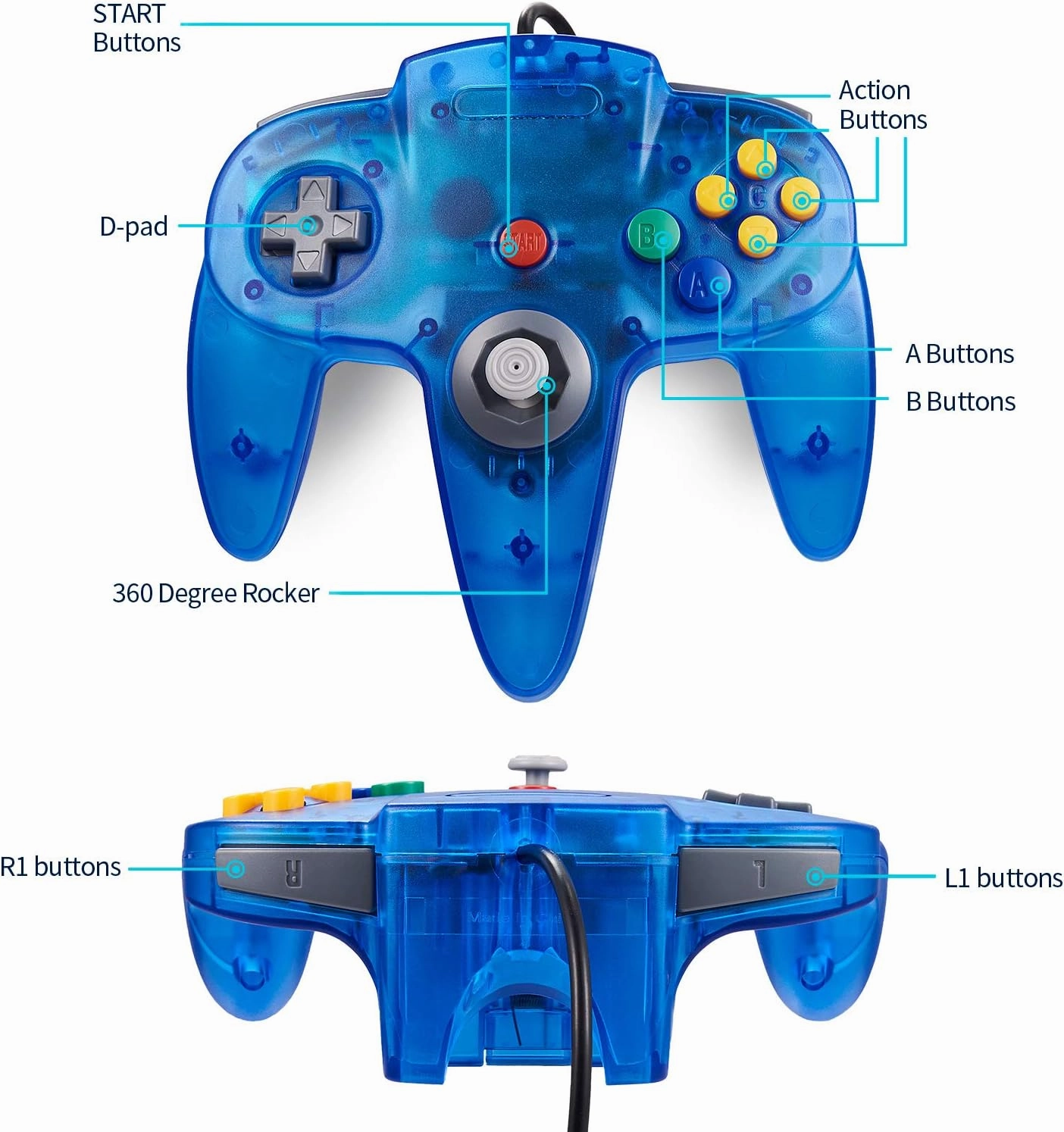 KIWITATA Classic N64 Controller, Retro N64 Wired Game Pad Joystick Remote Controller for N64 System Video Games Console Clear Blue