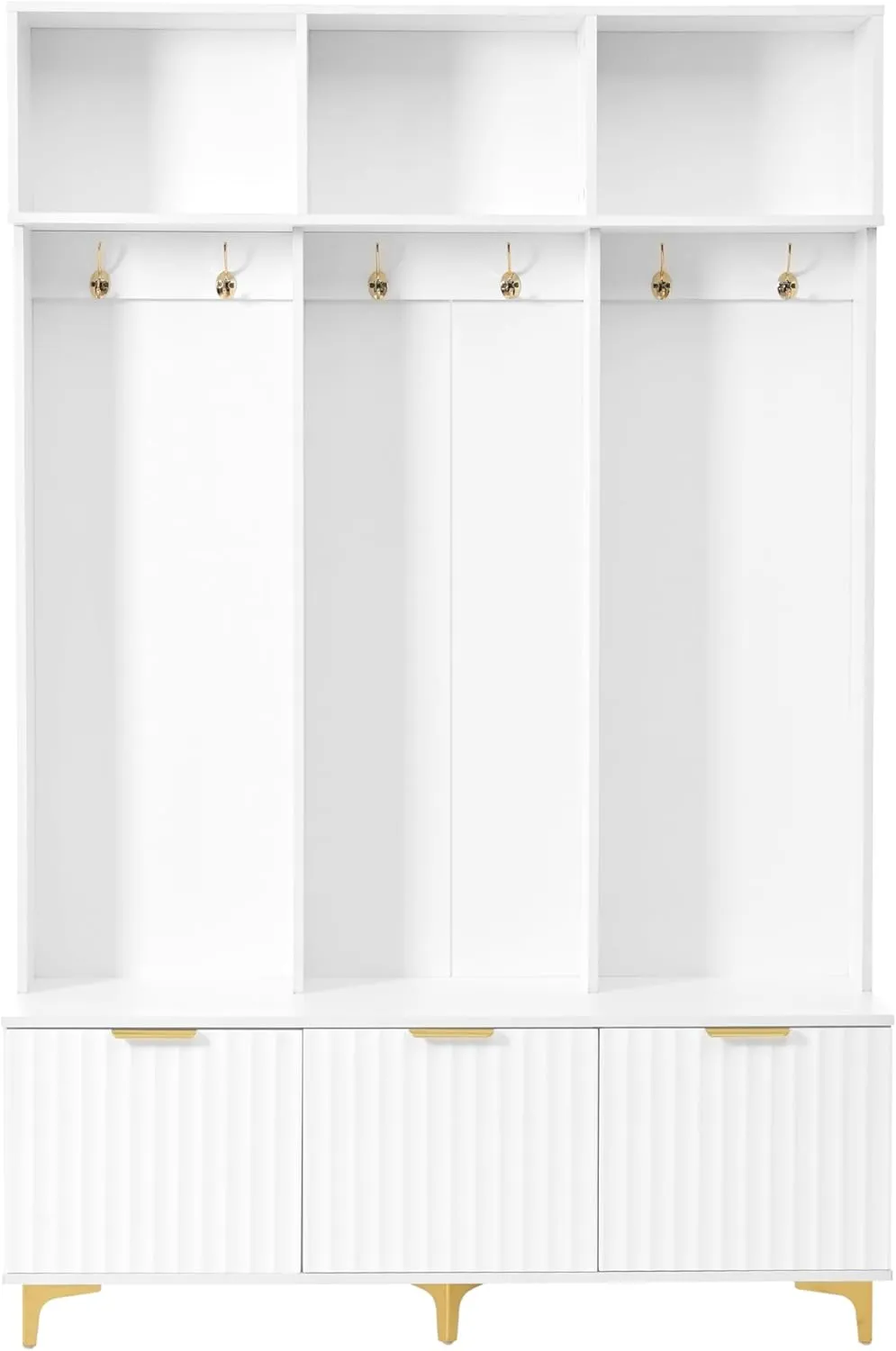 Knocbel Modern Hall Tree with Large Storage, Luxurious Coat Rack with 6 Gold Hooks and Legs, Multi-Functional Shoe Bench with High Gloss Fluted Doors 15.7" D x 49.6" W x 75.4" H White