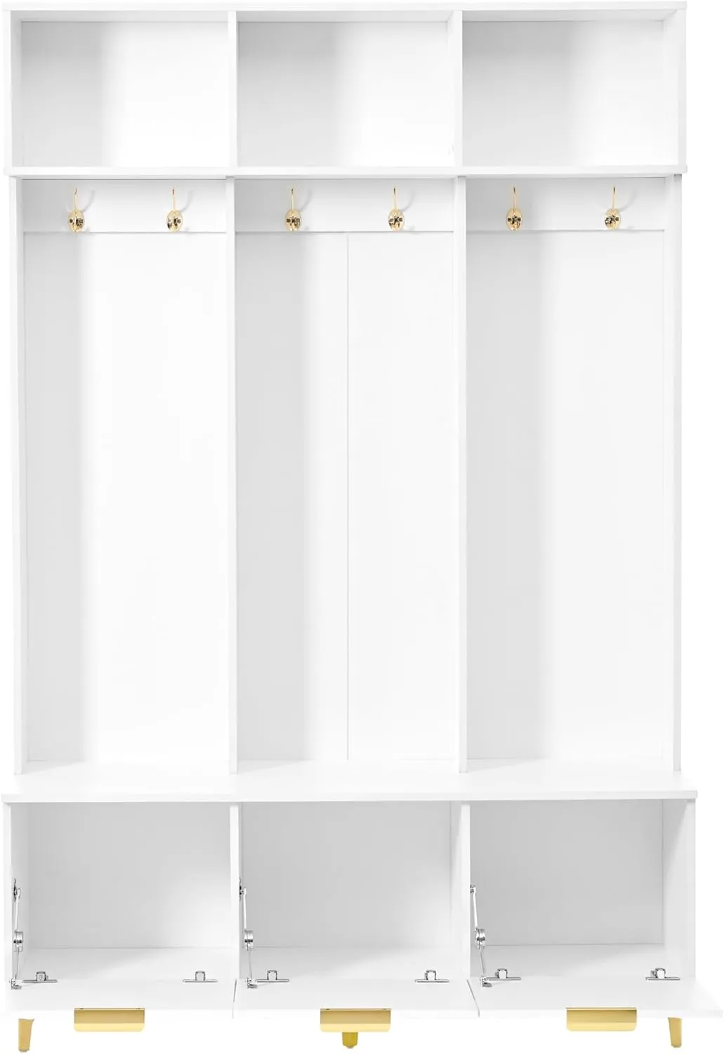 Knocbel Modern Hall Tree with Large Storage, Luxurious Coat Rack with 6 Gold Hooks and Legs, Multi-Functional Shoe Bench with High Gloss Fluted Doors 15.7" D x 49.6" W x 75.4" H White