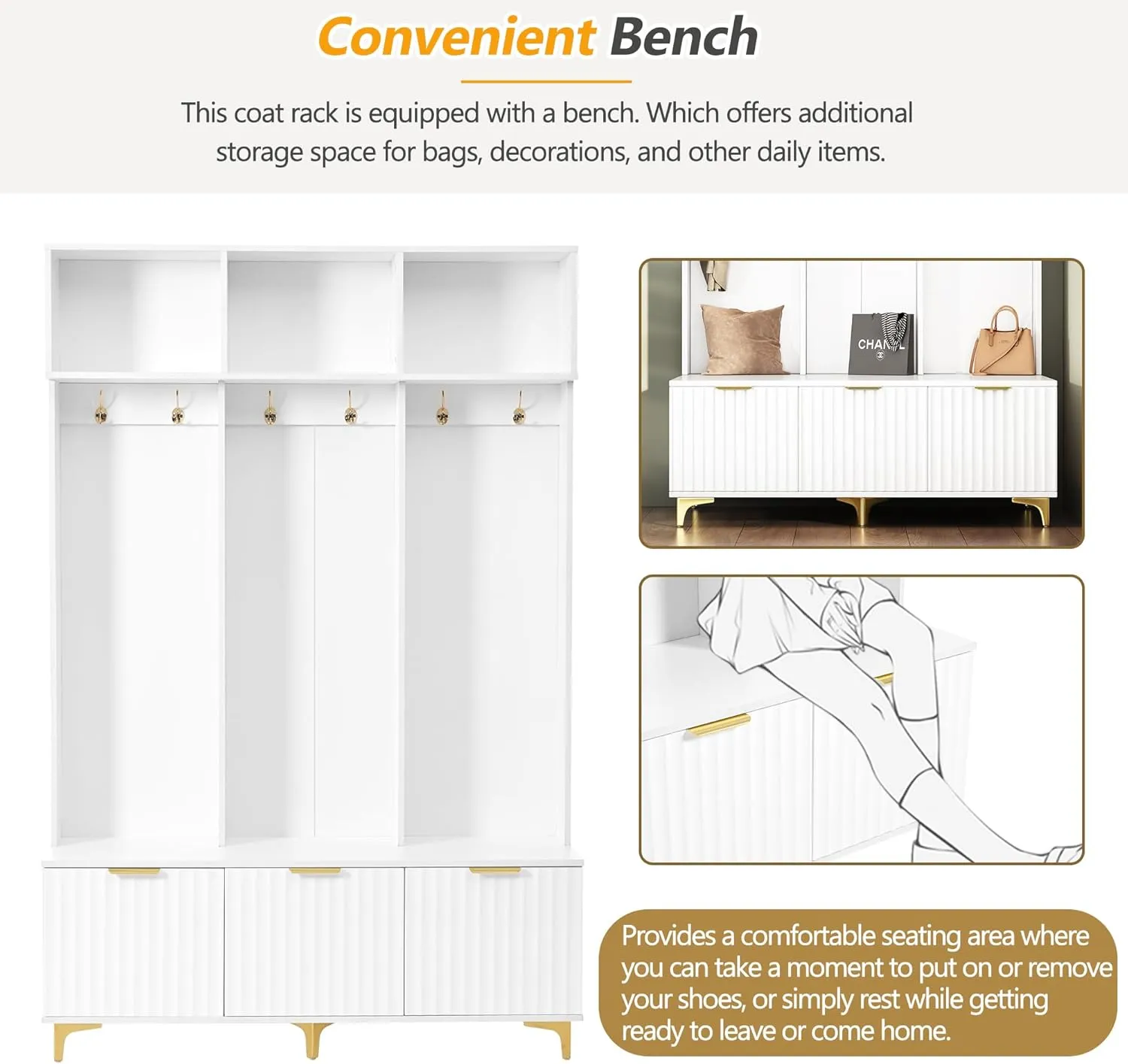 Knocbel Modern Hall Tree with Large Storage, Luxurious Coat Rack with 6 Gold Hooks and Legs, Multi-Functional Shoe Bench with High Gloss Fluted Doors 15.7" D x 49.6" W x 75.4" H White