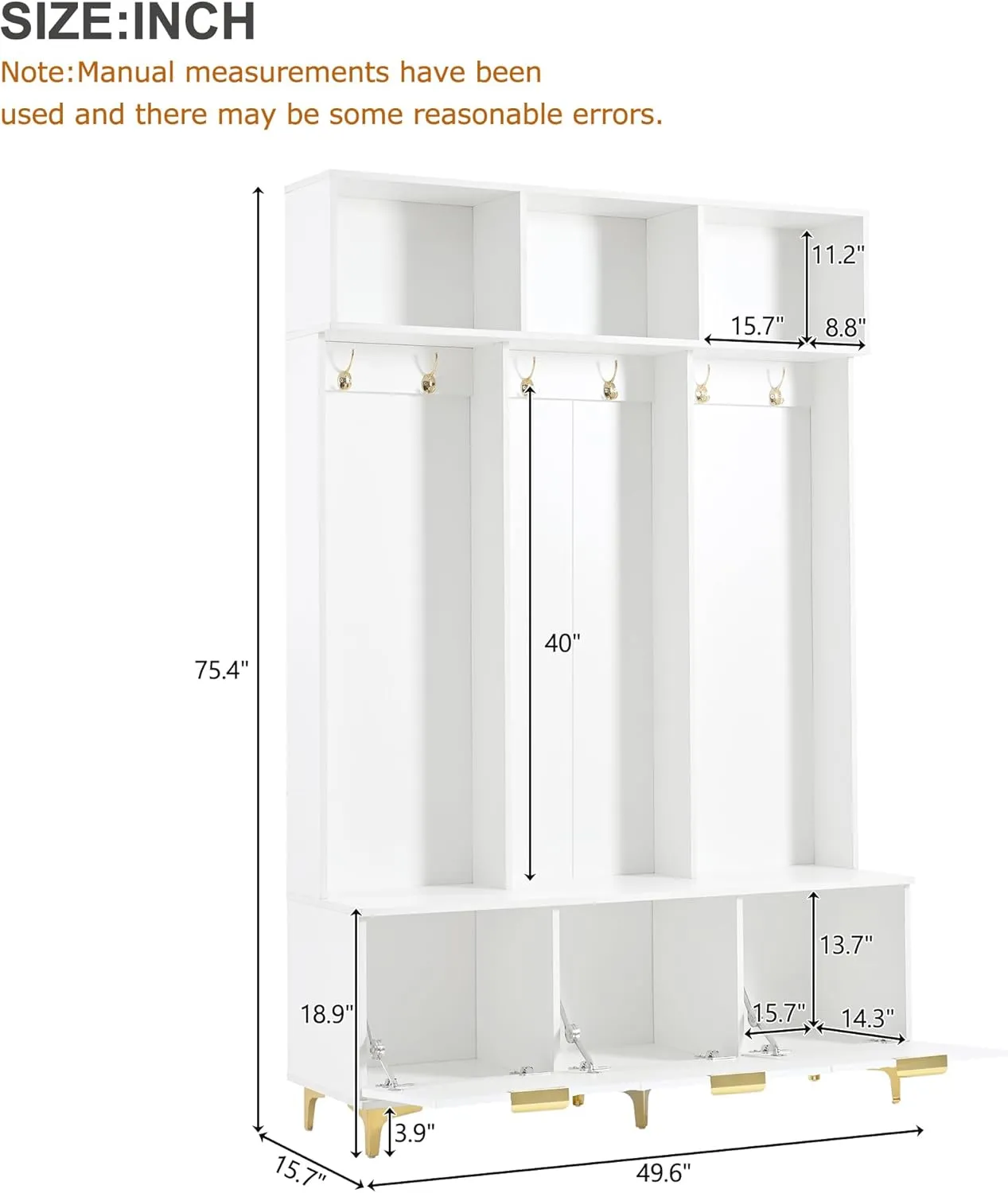 Knocbel Modern Hall Tree with Large Storage, Luxurious Coat Rack with 6 Gold Hooks and Legs, Multi-Functional Shoe Bench with High Gloss Fluted Doors 15.7" D x 49.6" W x 75.4" H White
