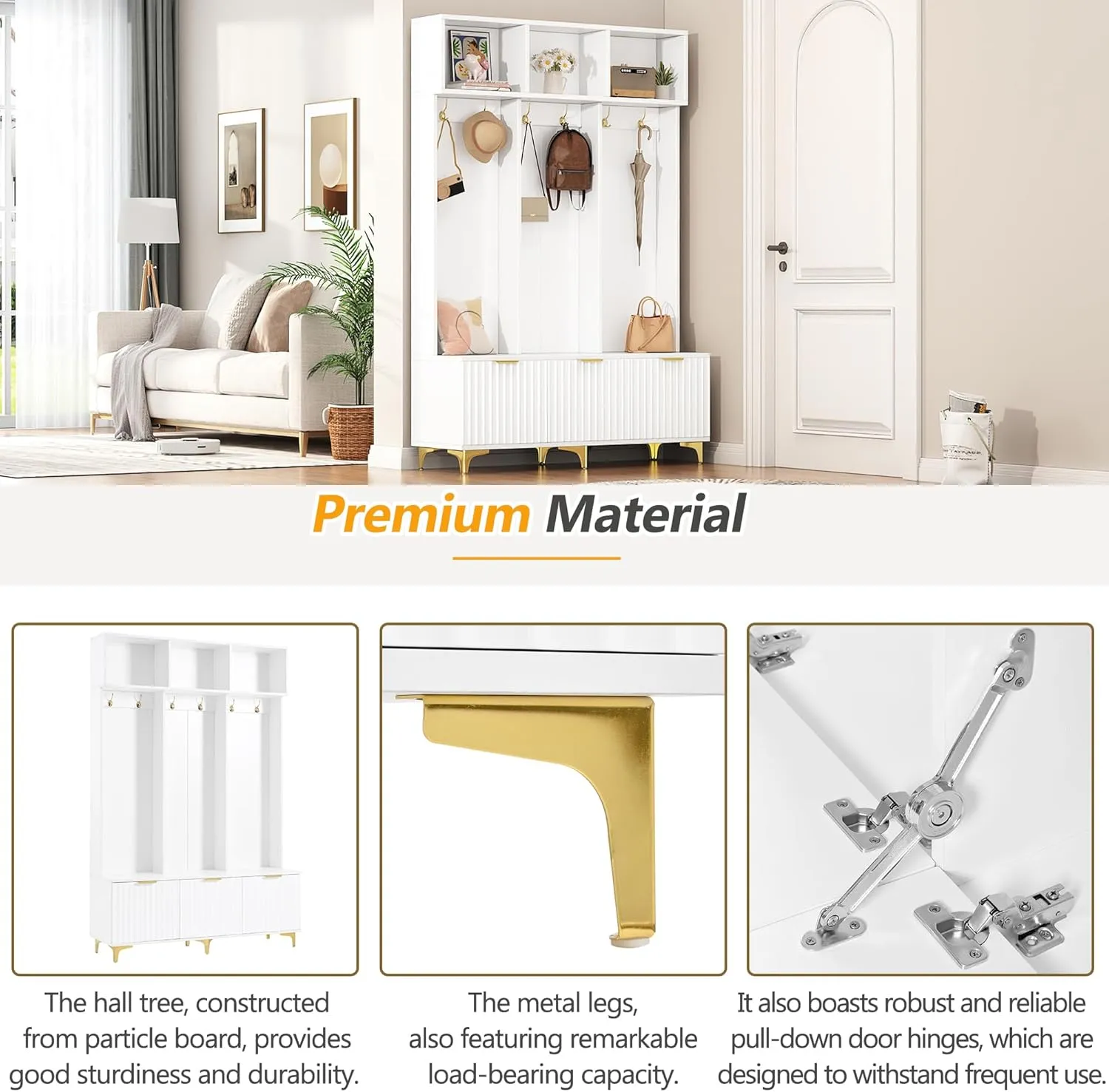 Knocbel Modern Hall Tree with Large Storage, Luxurious Coat Rack with 6 Gold Hooks and Legs, Multi-Functional Shoe Bench with High Gloss Fluted Doors 15.7" D x 49.6" W x 75.4" H White