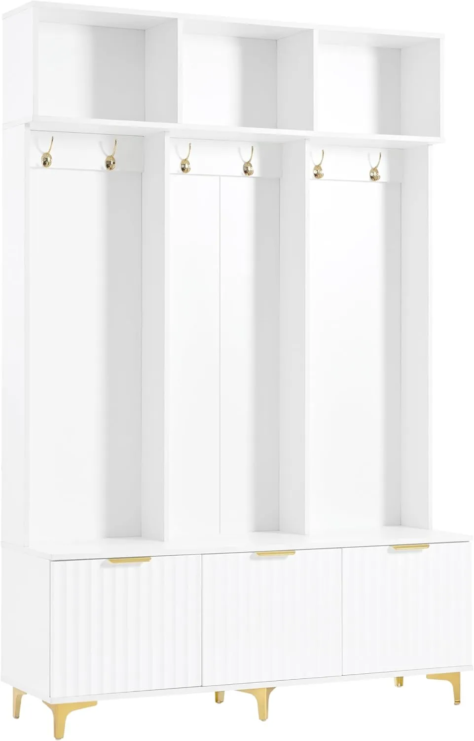 Knocbel Modern Hall Tree with Large Storage, Luxurious Coat Rack with 6 Gold Hooks and Legs, Multi-Functional Shoe Bench with High Gloss Fluted Doors 15.7" D x 49.6" W x 75.4" H White