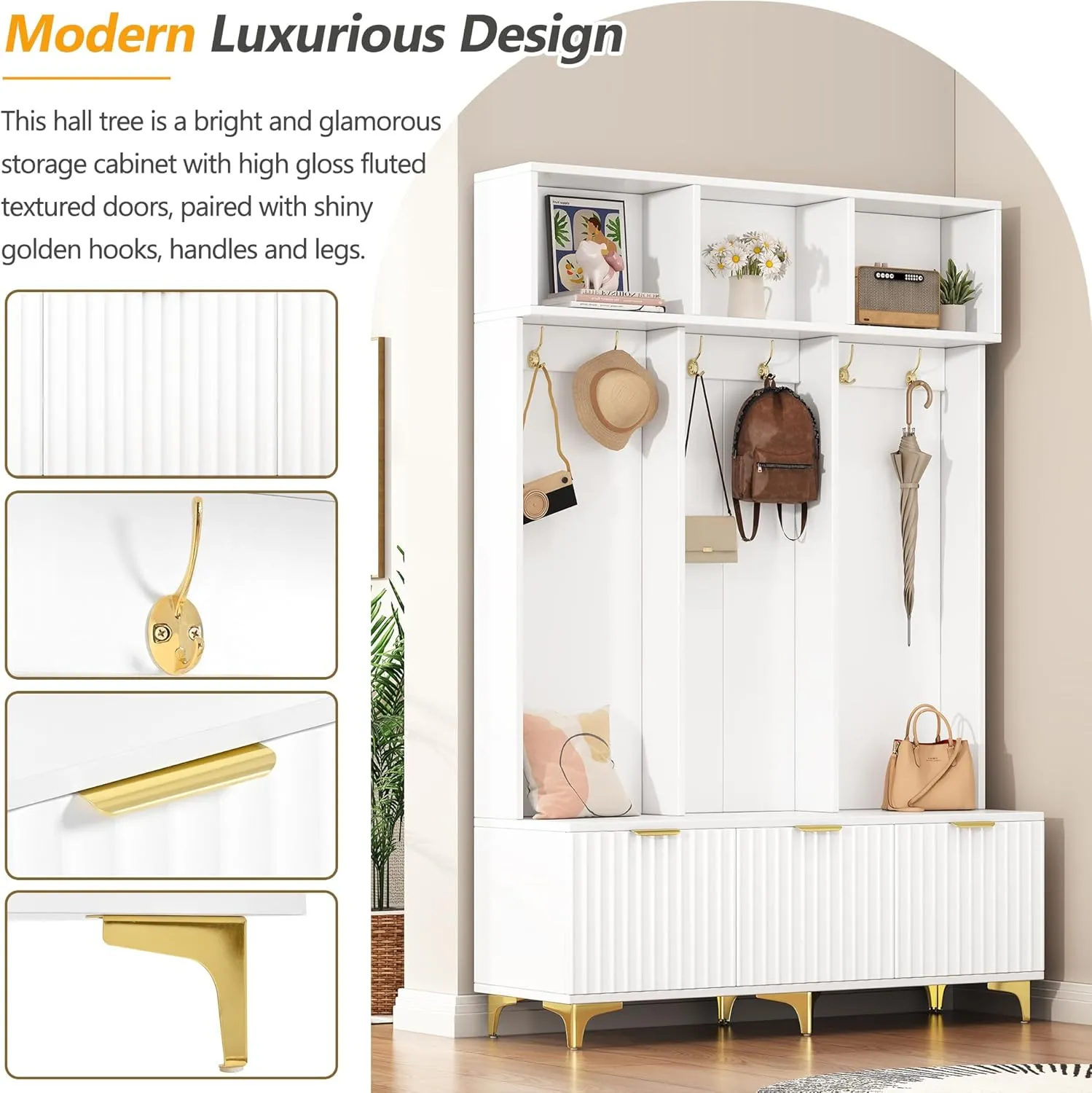 Knocbel Modern Hall Tree with Large Storage, Luxurious Coat Rack with 6 Gold Hooks and Legs, Multi-Functional Shoe Bench with High Gloss Fluted Doors 15.7" D x 49.6" W x 75.4" H White
