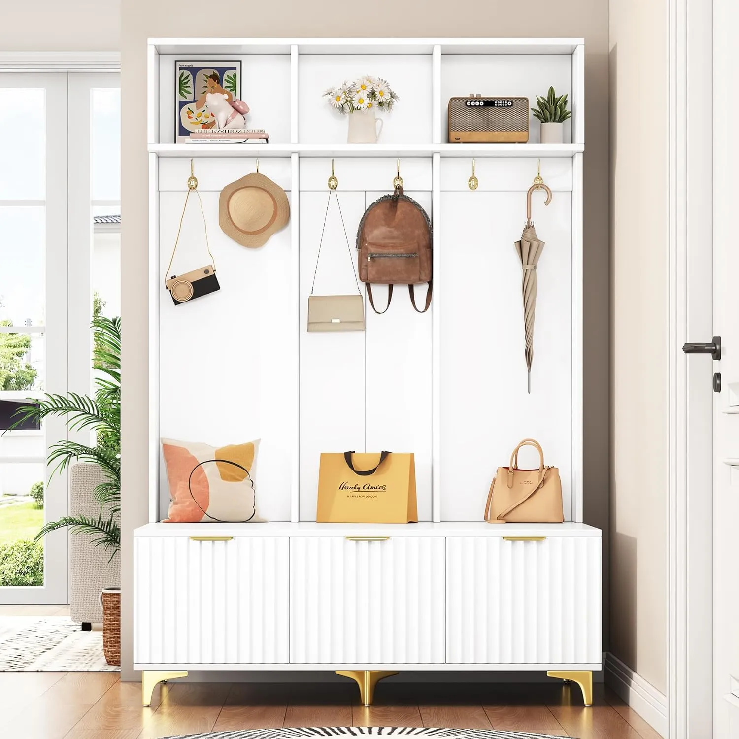 Knocbel Modern Hall Tree with Large Storage, Luxurious Coat Rack with 6 Gold Hooks and Legs, Multi-Functional Shoe Bench with High Gloss Fluted Doors 15.7" D x 49.6" W x 75.4" H White
