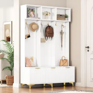 Knocbel Modern Hall Tree with Large Storage, Luxurious Coat Rack with 6 Gold Hooks and Legs, Multi-Functional Shoe Bench with High Gloss Fluted Doors 15.7" D x 49.6" W x 75.4" H White