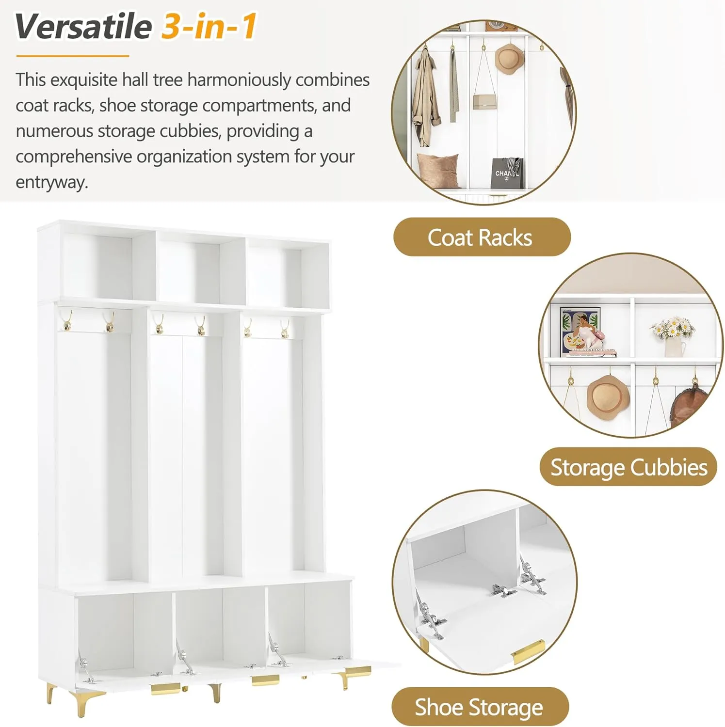 Knocbel Modern Hall Tree with Large Storage, Luxurious Coat Rack with 6 Gold Hooks and Legs, Multi-Functional Shoe Bench with High Gloss Fluted Doors 15.7" D x 49.6" W x 75.4" H White